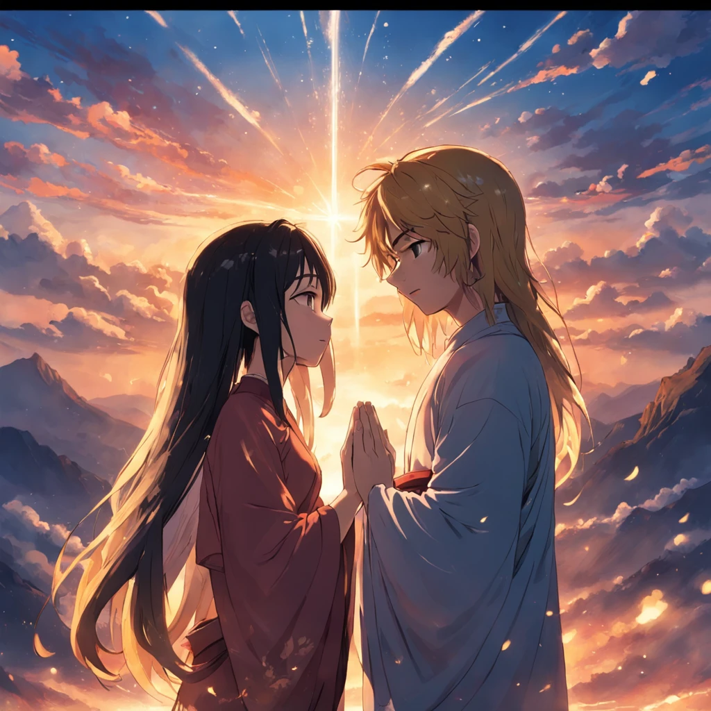 tmasterpiece,best qualtiy,cinematic Film still from,1girl,Boy with long hair,The boy folded his hands and closed his eyes in prayer,Buddha beads on his hands,Floating in the sky,closeup cleavage,brightly,cheerfulness,Warm and soft lighting,the sunset,(spark of light:0.7)