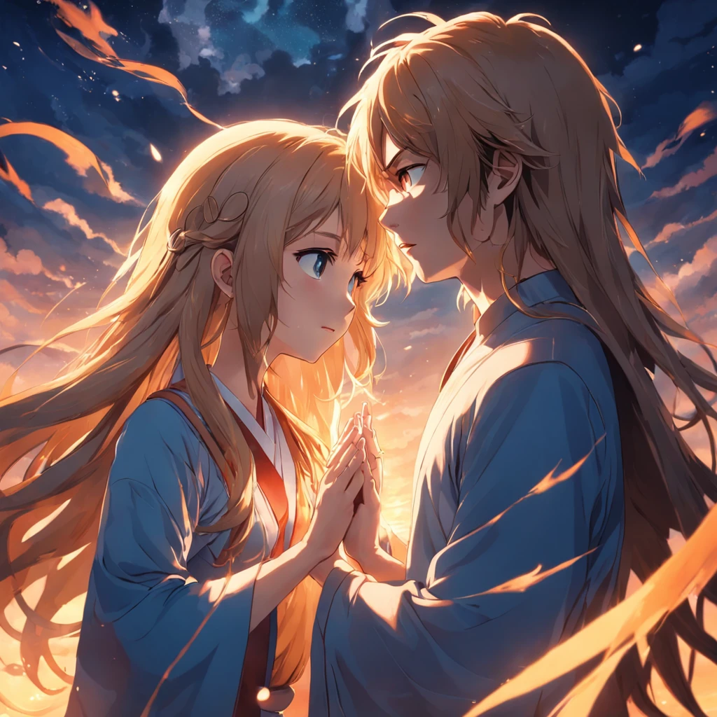 tmasterpiece,best qualtiy,cinematic Film still from,1girl,Boy with long hair,The boy folded his hands and closed his eyes in prayer,Buddha beads on his hands,Floating in the sky,closeup cleavage,brightly,cheerfulness,Warm and soft lighting,the sunset,(spark of light:0.7)