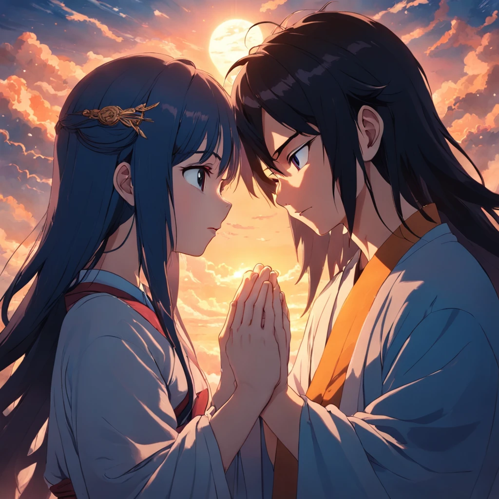 tmasterpiece，best qualtiy，cinematic Film still from，1girl，Boy with long hair，The boy folded his hands and closed his eyes in prayer，Buddha beads on his hands，Floating in the sky，closeup cleavage，brightly，cheerfulness，Warm and soft lighting，the sunset，（spark of light：0.7）