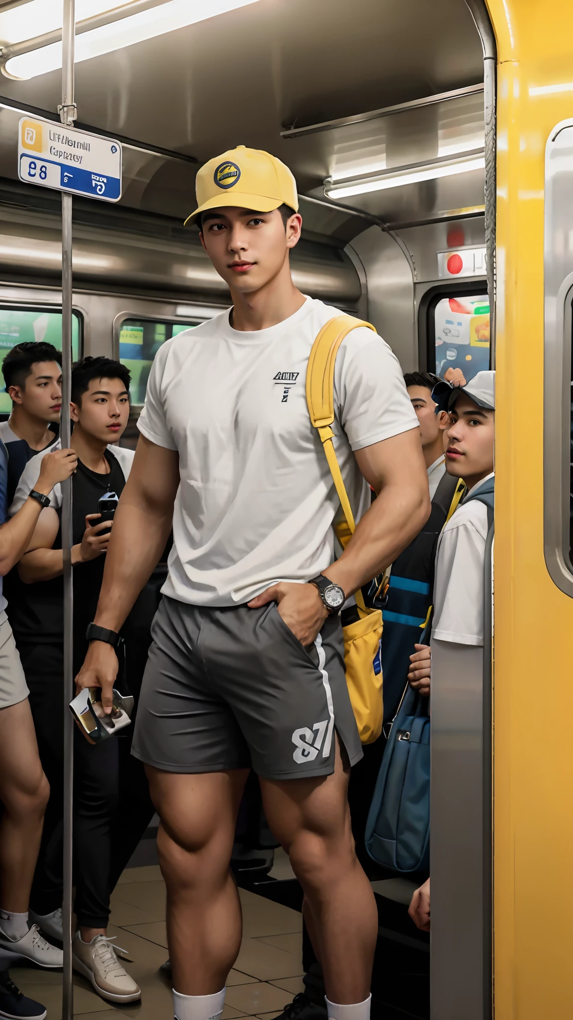 1人，A 20-year-old man in the subway，Standing in a subway car，Ultra-flat head，Yellow baseball cap，White skinny sleeveless T-shirt，grey shorts，leg apart，musculous，Handsome，Look at your phone，Wear AirPods，Wear an Apple Watch，Sports big backpack，white short socks，Yellow basketball shoes，pervert smirk，exhilarated，full bodyesbian，Exposing thighs，Expose calves，Thick leg hair，In crowded subway cars，gentlesoftlighting，tmasterpiece，best qualtiy，8K  UHD，digital SLR camera，filmgrain，Fujifilm XT3 Realistic painting art，Written by Midjourney and Greg Rutkowski