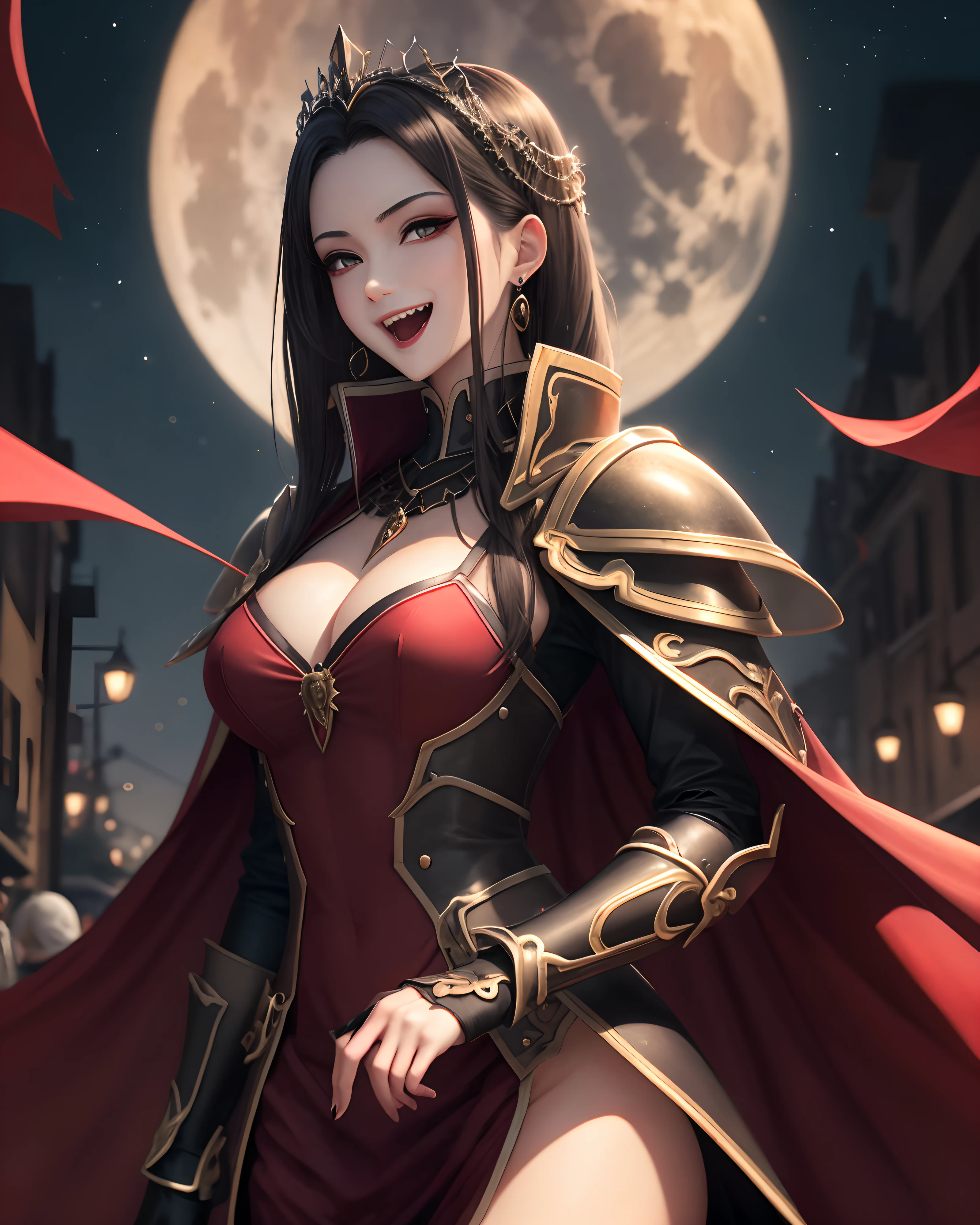 Royal Knight:1.3, (masterpiece, best quality:1.37), super detail:1.37, super sharp:1.37, anime style, Illustration of a female royal knight. A female royal knight wearing yellow royal knight armor and sunglasses. A female royal knight standing on the night street under the red full moon, charming grin, open mouth, vampire teeth, vampire fangs, vampire fashion style, looking at people see,