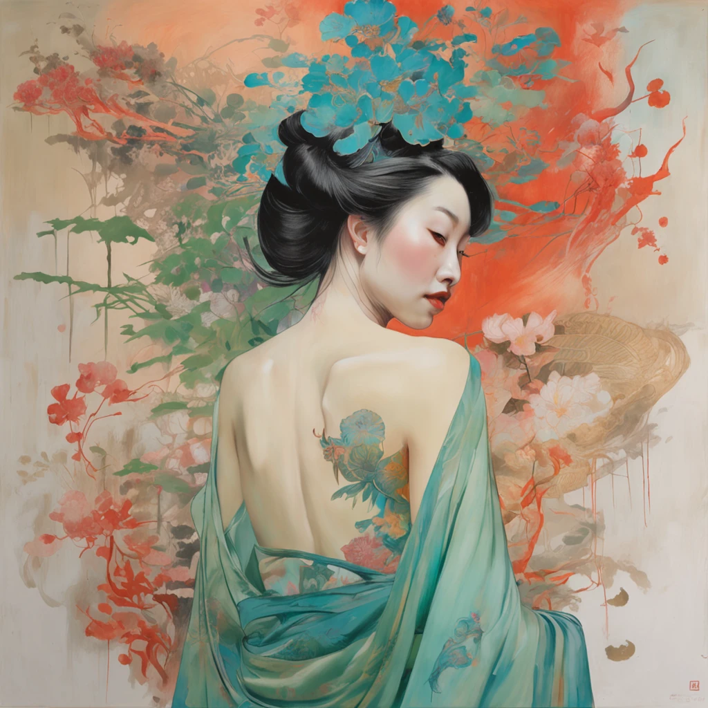 There is the back of an ancient Chinese woman, Tattoo with blue-green flowers on the back, ukiyo-style, Guviz-style artwork, Guviz, Alphonse mucha and rossdraws, A beautiful artwork illustration, By Li Song, by Yang J, author：Zou Zhe, By Zeng Jing, by Ye Xin, author：Shitao, author：Zhou Fang, korean art nouveau anime