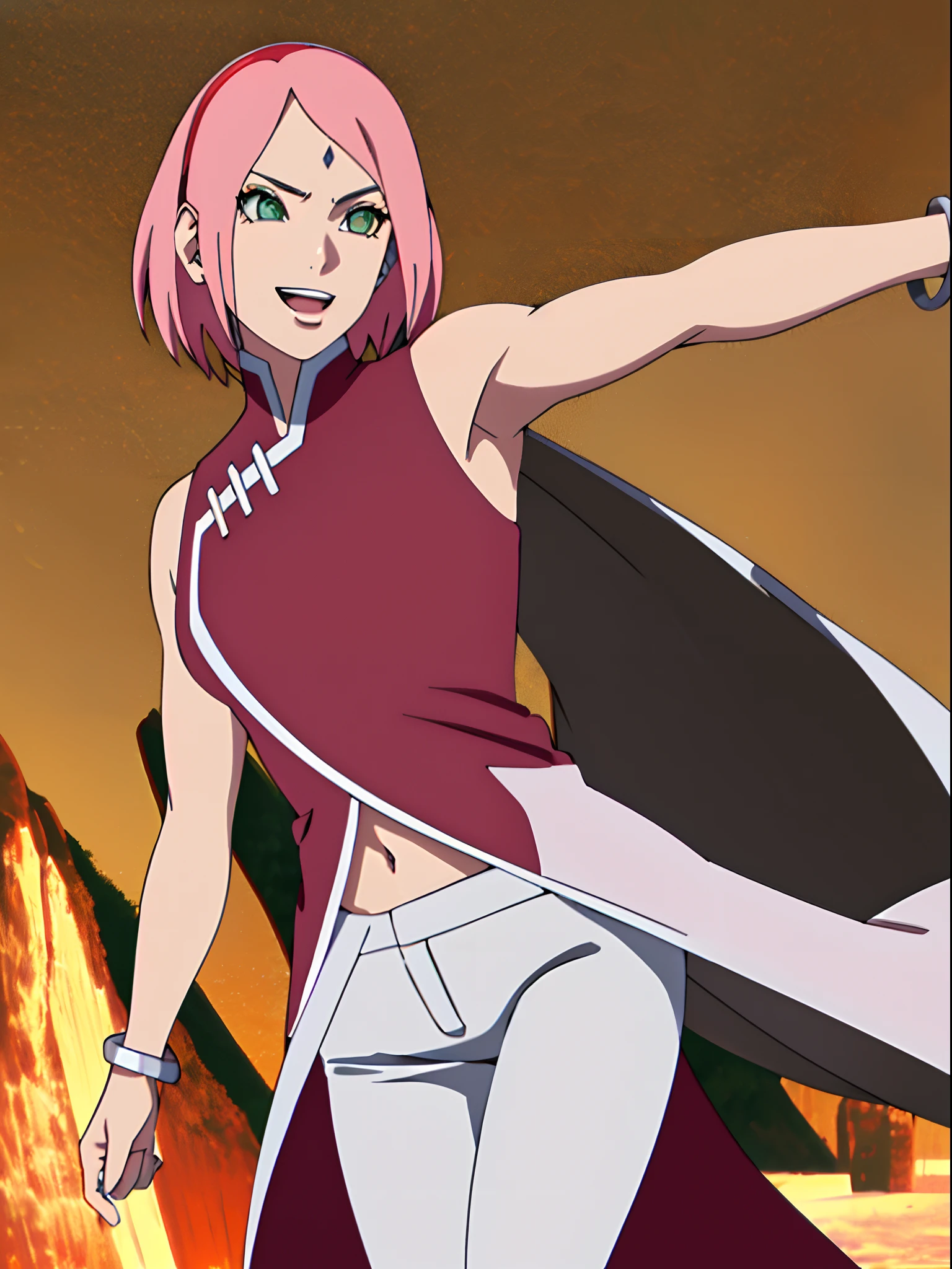 (masterpiece, 8k, anime style, hand drawing, vector coloring, portrait, face shot, professional artwork, cherry bloom background, intricate details, colorful, bold drawing lines), (ultra detailed body, ultra detail hair, ultra detail face, attractive, seductive, happy, open mouth, dirty armpits, straight eyebrows, closed fists), trending on pixiv, kind smile, very hot color, best quality, 1girl, hires, haruno sakura, contrasty lighting, (forehead mark, milf, red hairband, pale skin, short hair, ((red sleeveless dress), white pants), navel, belly button, groin, bracelet, looking at viewer, pink hair, green eyes, perfect eyes, white sciera, anime eyes, smoky eyeliner, eyeshadow, perfect face, smile, beach, wind, detailed arms, off-shoulders, muscular arms, standing),