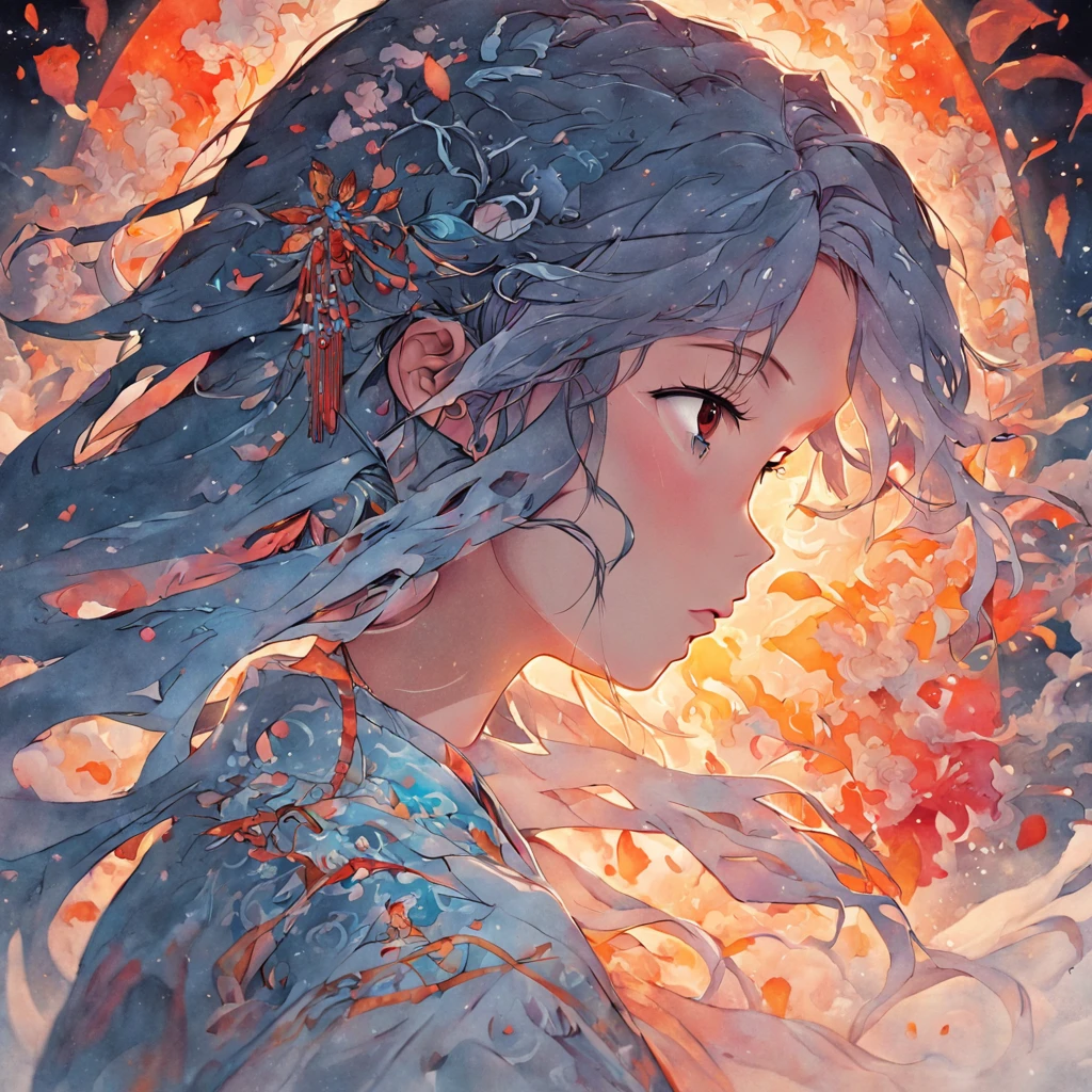 (White background:1.4),(Silhouette of a girl's head, Eyes closed, colorfull long hair, Oriental elements)，(Chinese illustration:1.3，paper art:1.3, Quilted paper art:1.2),( reasonable design, Clear lines, High sharpness,Best quality, Very detailed, Masterpiece, movie light effect, 4K )