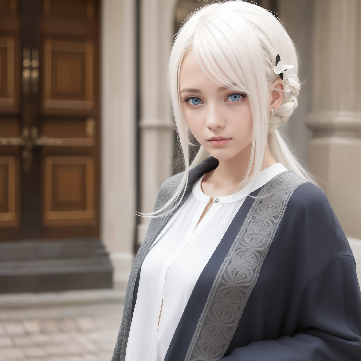 European young girl model, Very beautiful, Normal attire, White hair