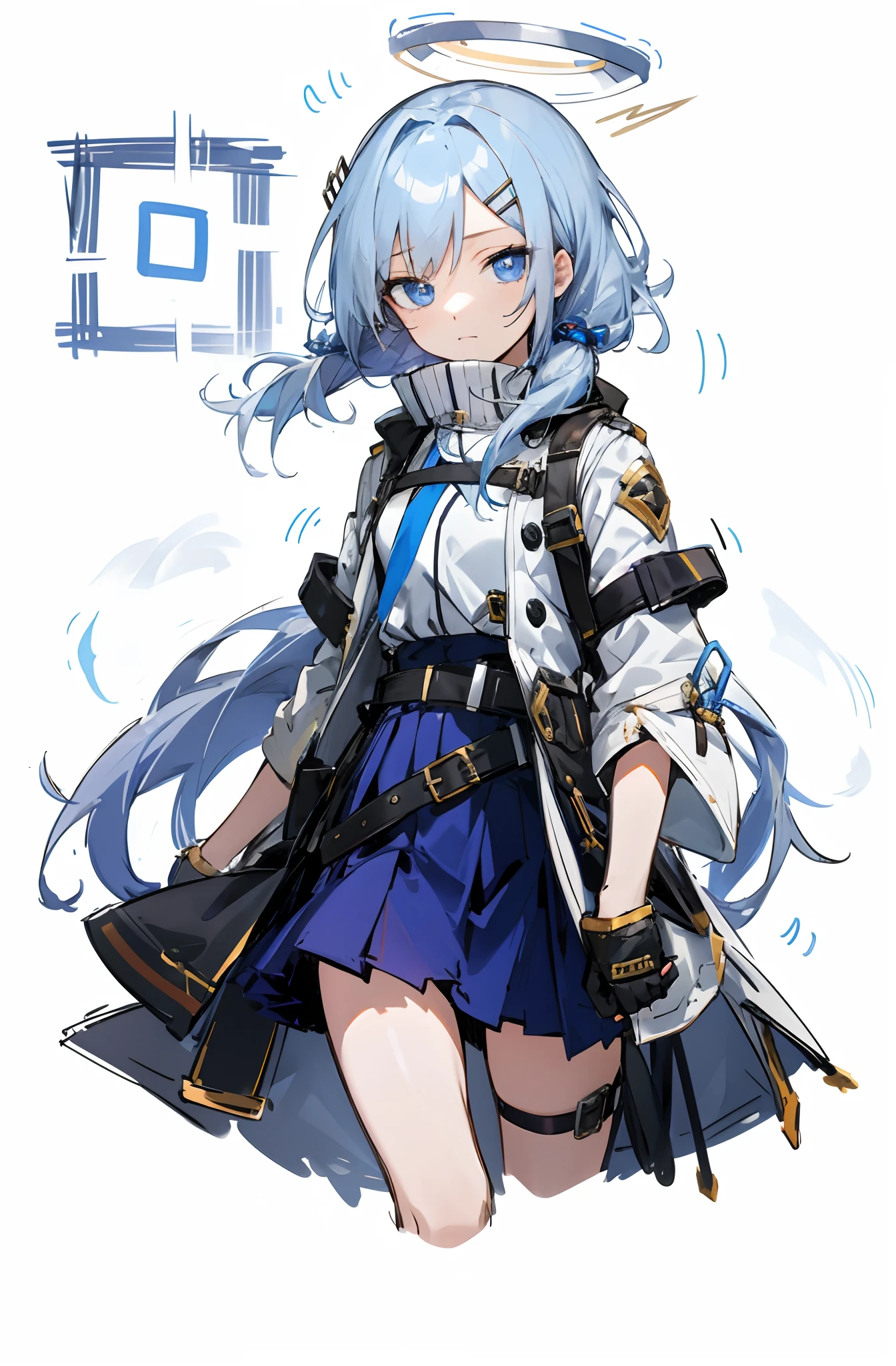 ,hair intakes,Expressionless,wind coat,Skirt, mitts, leg belt, arm belt, hair pin, ,mitts ,(whaite hair),Blue eyes,Social terror,