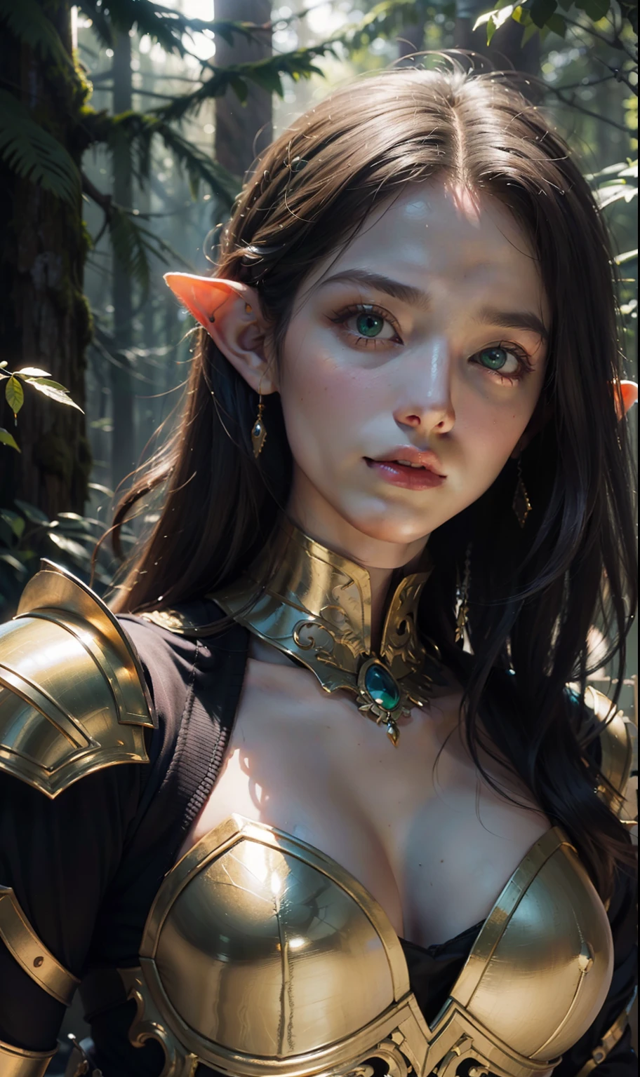 Beautiful painting of perfect female elf warrior,Glowing green eyes,Side Body,Bigchest,Perfect face, Long hair that is not shaped, Perfect features, (Wearing gorgeous elven armor in black and gold), Abstract beauty, near-perfect, Pure form, Dynamic pose, at a forest,(Deep dark shadows), (Powerful cinematic lighting), greg rutkovsky、Conceptual art by John William Waterhouse and Alphonse Mucha, intricately details, 8K post-production, high resolution, Super detail, trending on artstationh, Sharp focus, Depth of field f/1.8, Studio photos, (((looking at the camera in))).,