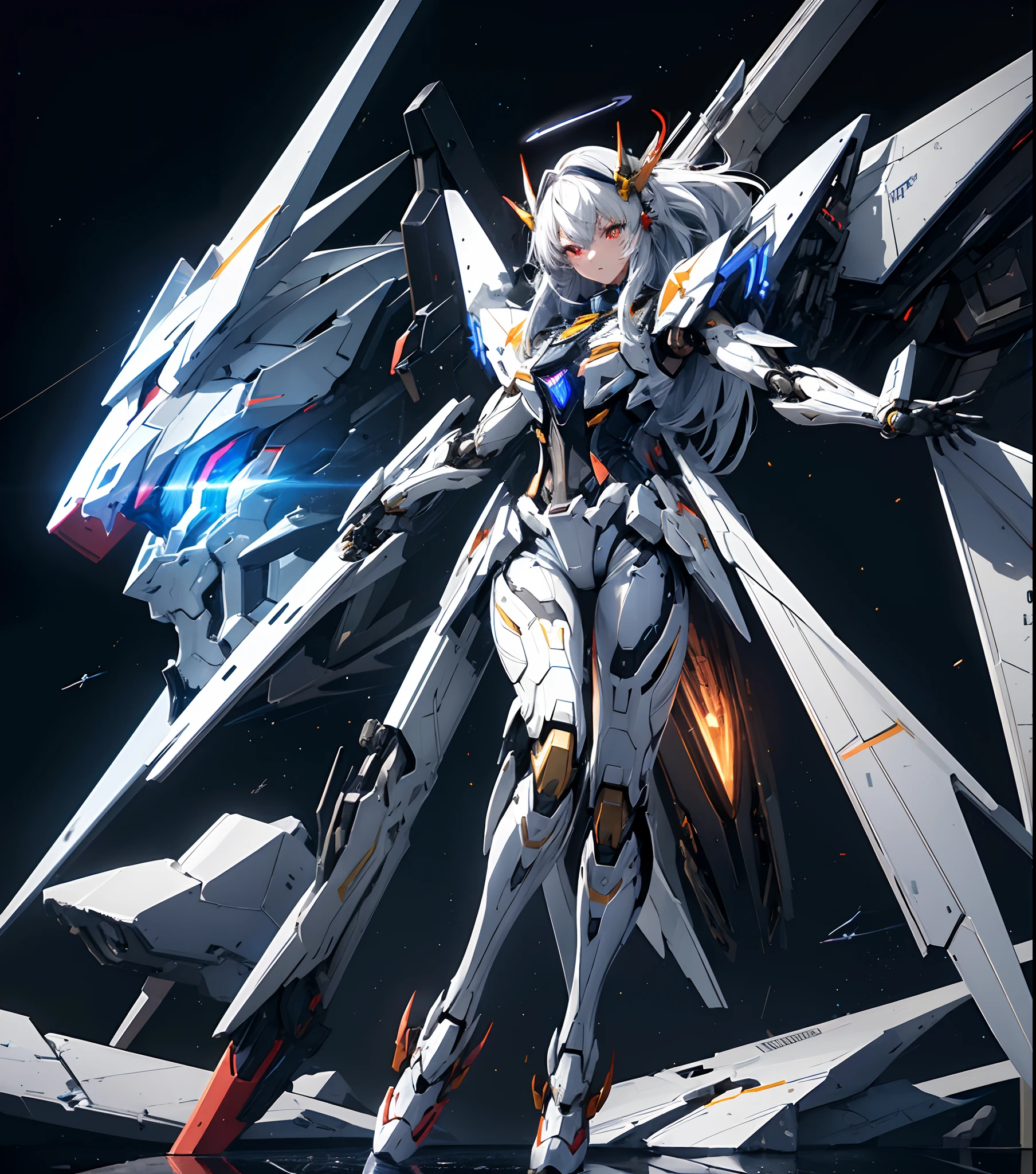 white and blue robot suit,black hair,freedom gundam,gundam seed, kira yamato,masterpiece,best quality,ultra-detailed,very detailed illustrations,extremely detailed,intricate details,highres,super complex details,extremely detailed 8k cg wallpaper,cowboy shot, caustics,reflection,ray tracing,demontheme,nebula,dark aura,cyber effect, (1girl:1.4),solo,alone,mecha musume,mechanical parts, robot joints,single mechanical arm, headgear, mechanical halo,star halo,intricate mechanical bodysuit, mecha corset, full armor, very long hair,white hair, hair between eyes, multicolored hair, colored inner hair, red eyes,glowing eye,eye trail, random expressions,random action, ancient japanese architecture,pond, starry sky,skyline,concept art,simple flat background