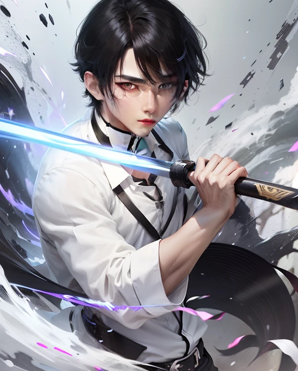 Black hair, white shirt, black pants, Long 4/6 Bangs male Korean hairstyle, male, eyes with slightly dark circles, confident expression, anime style, UHD, textured skin, high details, super detail, 16k, anime style, parted bangs, empty eyes, body angle photo, chiseled chin, sharp eyes, thin eyebrows, sword