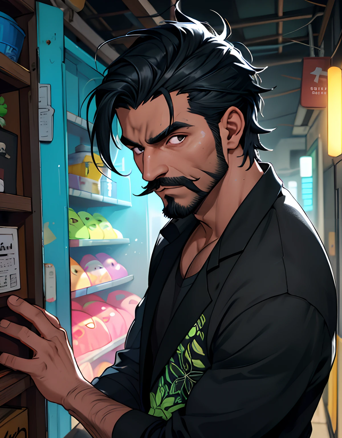 (master part, best quality), homem, com bigode e cavanhaque,Queixo achatado, thoughtful facial expression,mordendo o polegar de forma pensativa,casaco preto, cabelo preto, olhos cinza escuro, casaco, no quarto, corpo inteiro ,vestindo um casaco preto,pensando, standingn,Cores vivas,(profundidade de campos:1.2),(Abs),olhar serio,olhando para o espectador,standingn,Neon light,Efeitos de luz coloridos,Efeitos fluorescentes