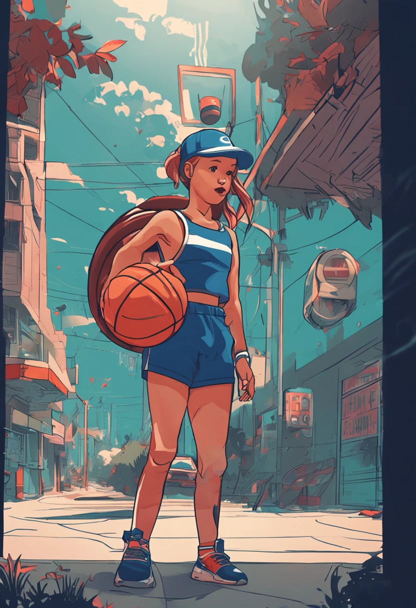 Sports girl,wearing a blue cap,Basketball in hand,Very sunny,Real Human