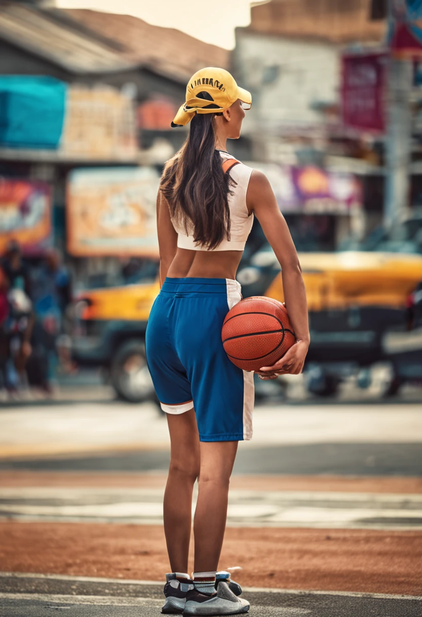Sports girl，wearing a blue cap，Basketball in hand，Very sunny，Real Human