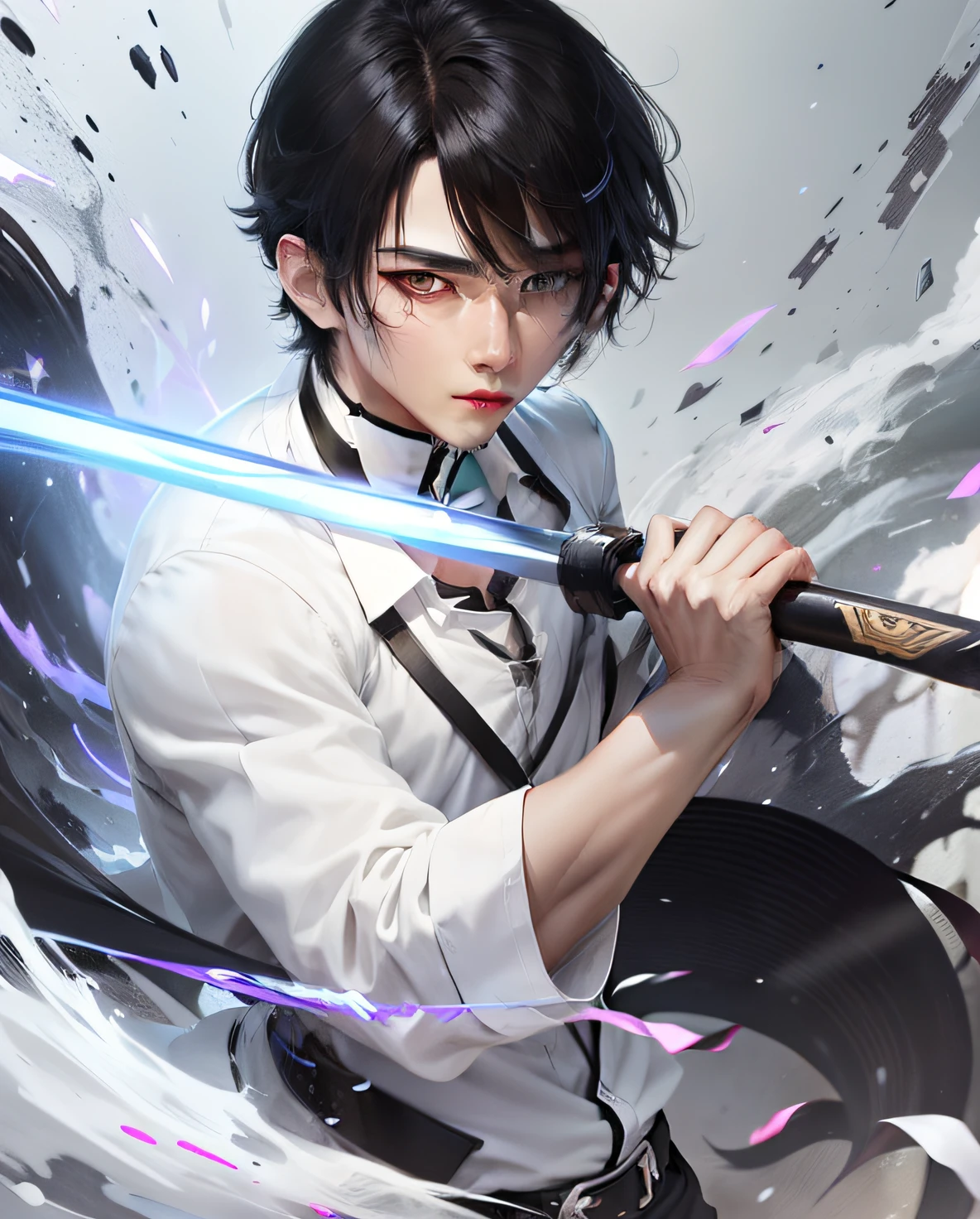 Black hair, white shirt, black pants, Long 4/6 Bangs male Korean hairstyle, male, eyes with slightly dark circles, confident expression, anime style, UHD, textured skin, high details, super detail, 16k, anime style, parted bangs, empty eyes, body angle photo, chiseled chin, sharp eyes, thin eyebrows, sword