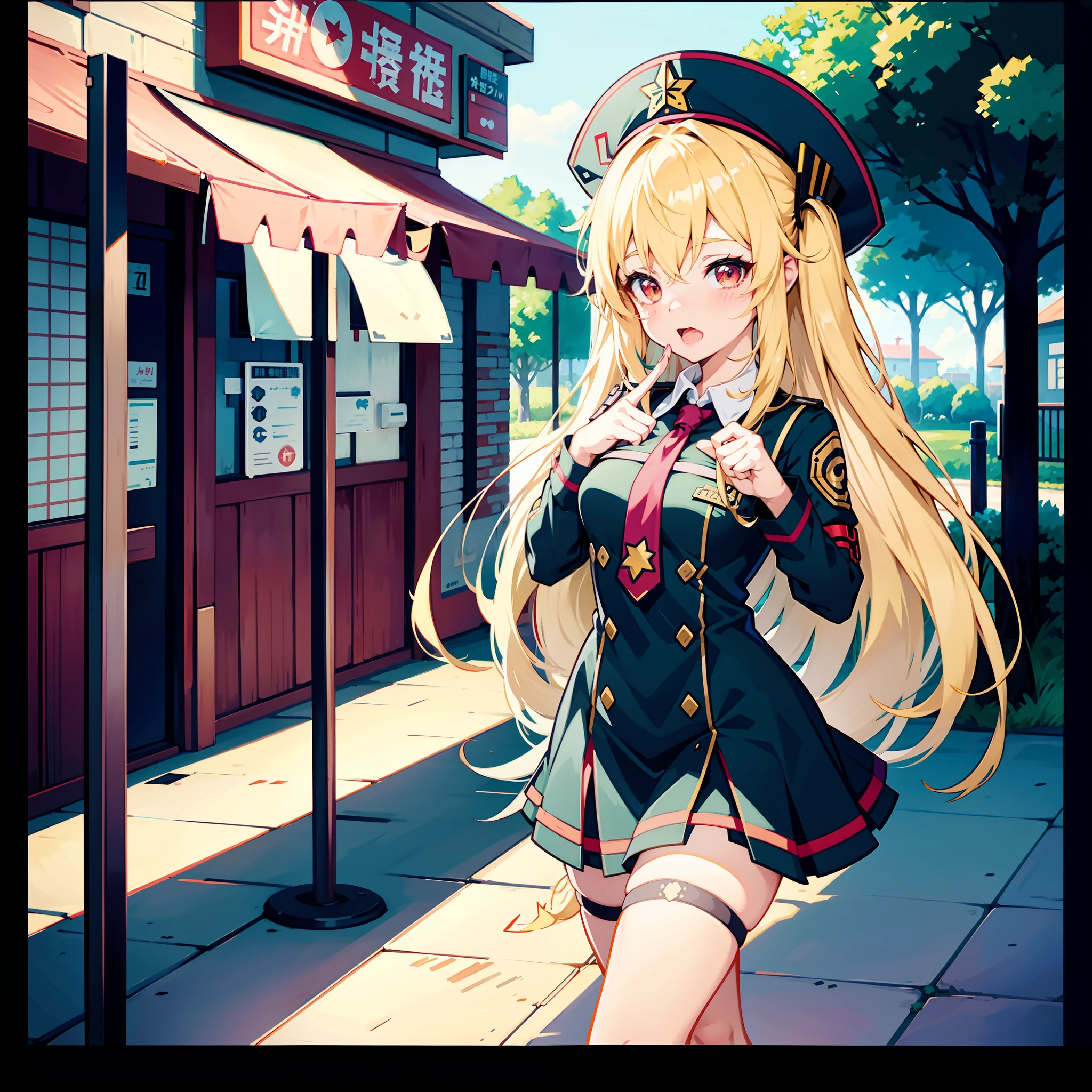 Anime girl in hat and speech bubble says it's okay, Guviz, ahegao, from girls frontline, lollipop, girls frontline style, Anime waifu, An anime cover, she has a cute expressive face, Yandere, from touhou, (Anime girl), High-quality fanart, with index finger, Cute anime girl, Cute anime, small loli girl