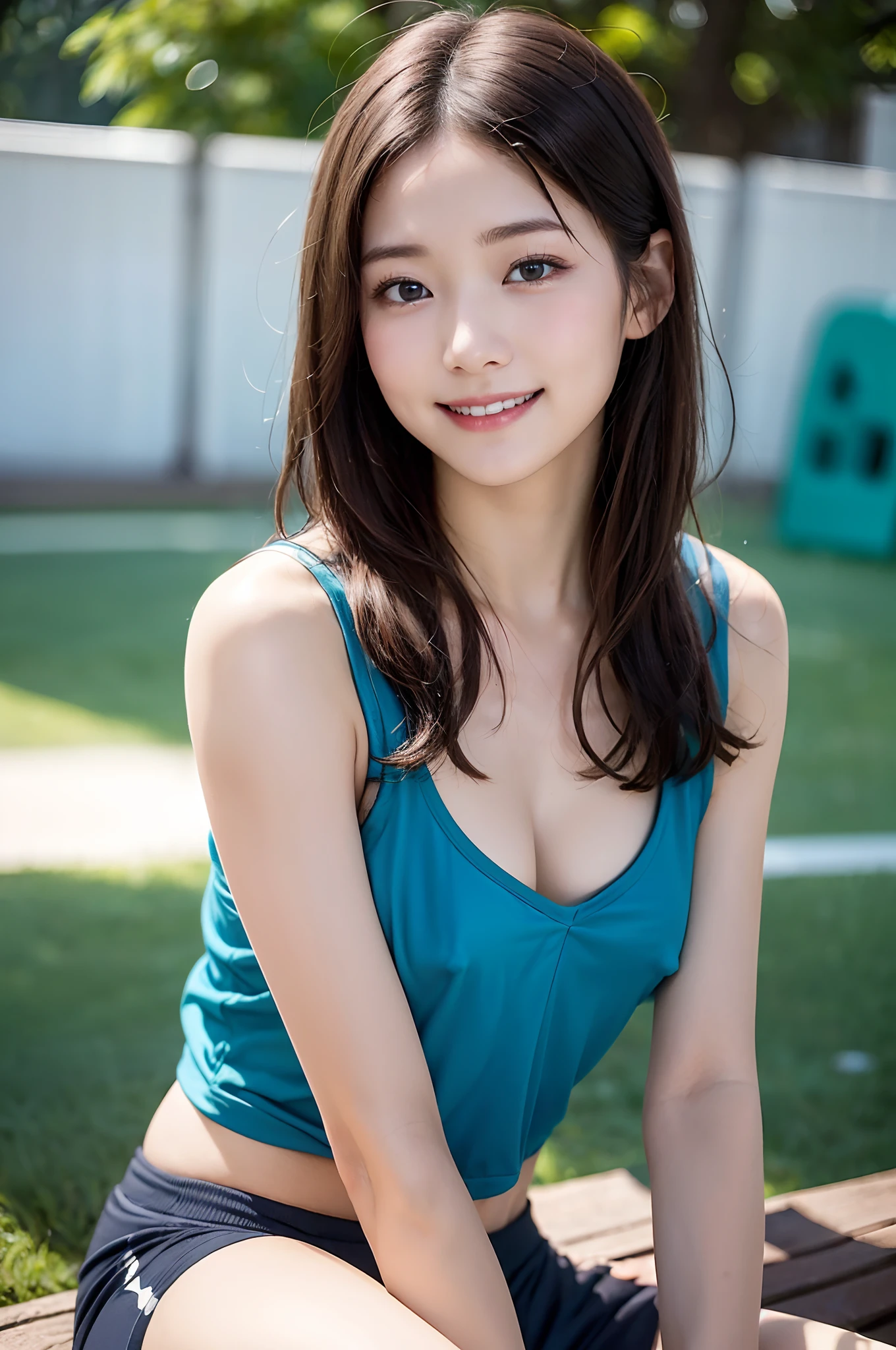 (masterpiece:1.3), (8K, Photorealsitic, Raw photography, Top image quality: 1.4), Japan high school girls、(Random hairstyles:1.2)、maikurobikini:1.2、Super Detail Face、Eye of Detail、二重まぶた、Lean forward to bring your chest closer、foco nítido:1.2、prety woman:1.4、light brown hair、top-quality、masterpiece、超A high resolution、(Photorealsitic:1.4)、Highly detailed and professional lighting smile、Background of the playground、Track and field athletes stretching、Light blue racing shorts、Shining sweat、a 、slender、serious facial expression、short-haired、((toppless)),((Sheer nipples)),((sodden))