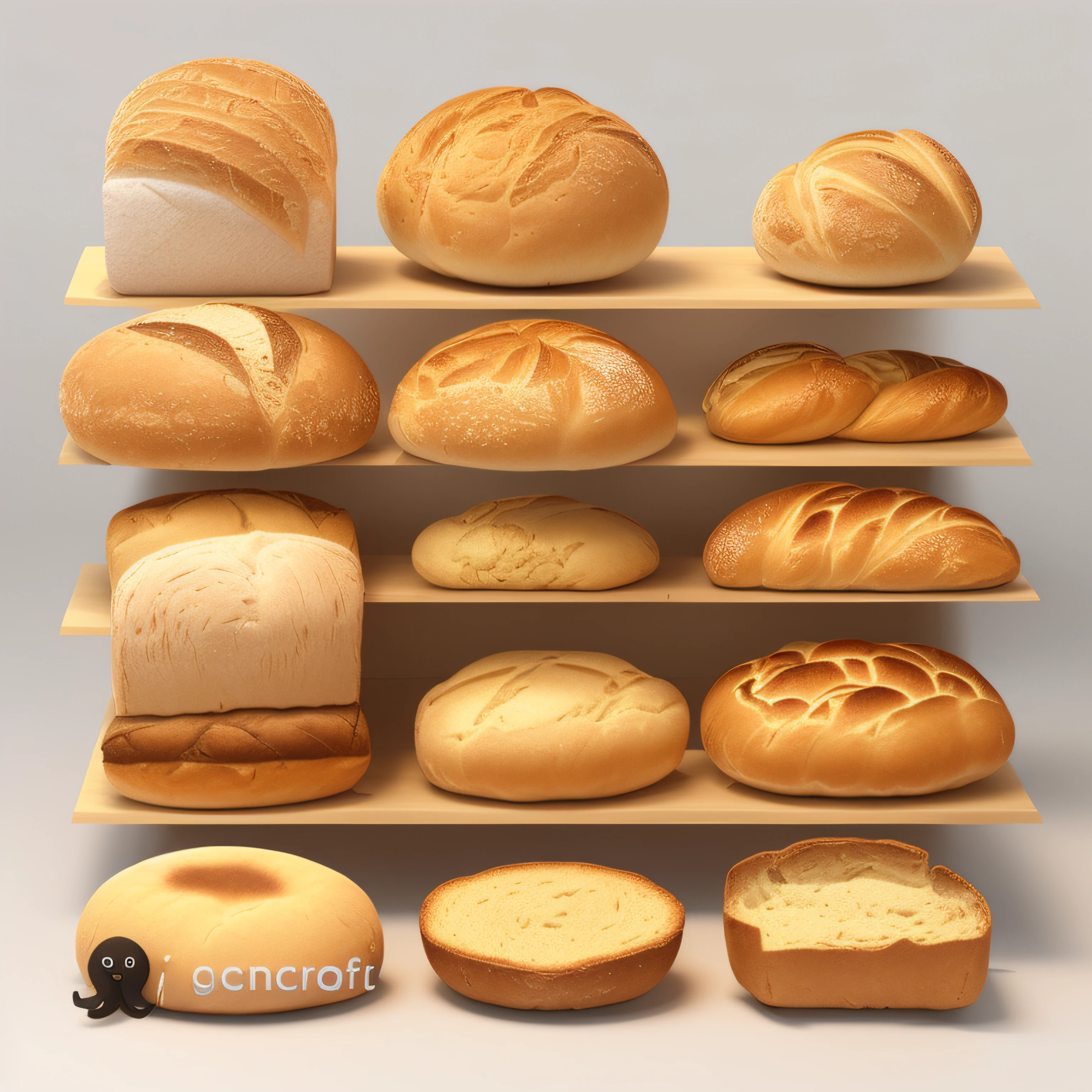 Araff is an exhibition of breads and loaves on a white shelf, buns, imagem de comida super realista, buns, Bread, bochen, tipo pokemon, hiper realista ", hiper realista", alta qualidade 3d realista, Modelos 3D, Modelos 3D, sliced bread in grooves, fotorrealismo de alta qualidade, Realismo 3D de alta qualidade, 3 d product render, product render