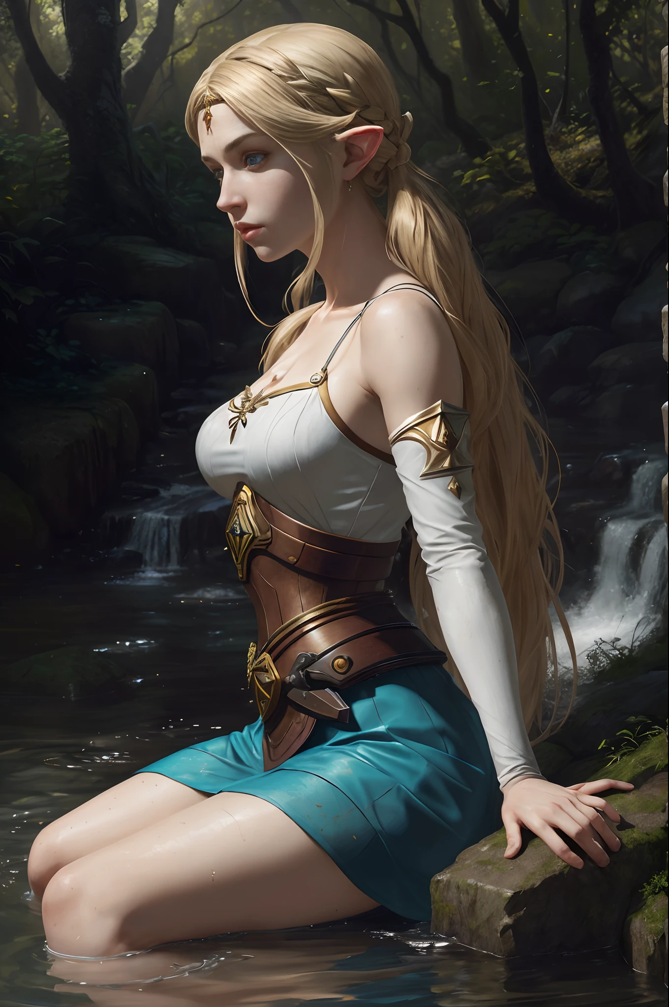 A young blonde warrior woman, plus size, with long hair, wearing rustic clothing made from animal skin, holding an orchid, accompanied by a black jaguar inside a tropical forest. A small stream runs alongside. A beautiful waterfall in the background. Soft gradient light. Hyper-realistic clarity.