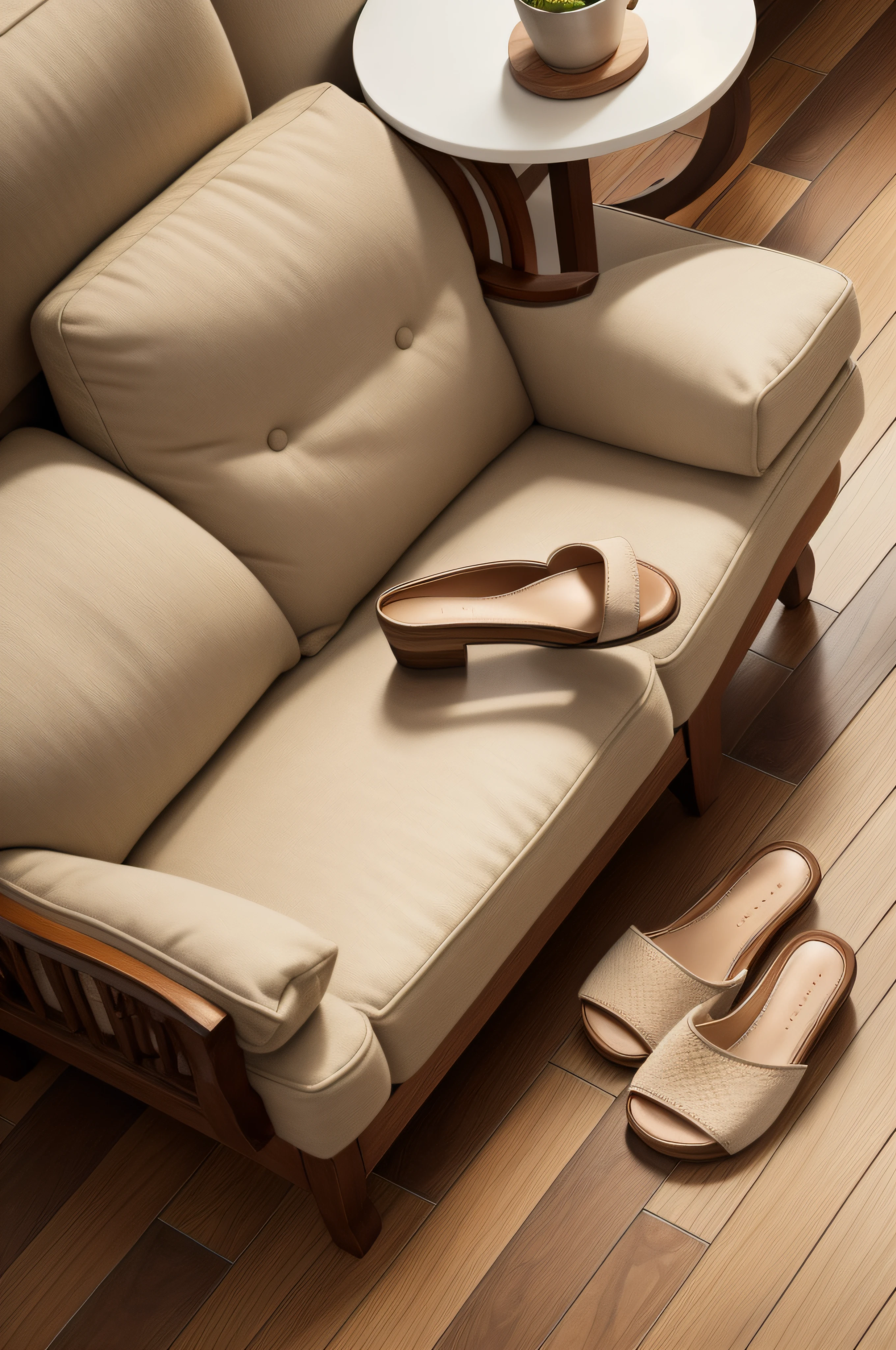 Look down at the sofa,closeup cleavage,Wood-colored flooring,Beige slippers