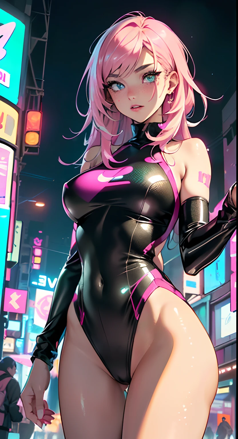 sporty girl,(((1girl))),((anime girl with bubblegum pink hair and freckles,extremely cute and gorgeous seductively walking down the street)),
(large breasts:1.4),saggy breasts,(((bubblegum pink hair:1.35,straight hair,long hair:1.4,colored inner hair,ear breathing))),((heterochromia,eye1 pink,eye2 azul,perfect eyes,upturned eyes:1.3,beautiful detailed eyes,finely detailed beautiful eyes:1,big highlight on eyes:1.2,slanted eyes)),((fat)),(((freckles on the face,freckles,freckled girl))),(((lustrous skin:1.5,bright skin: 1.5,skin tanned,shiny skin,very shiny skin,shiny body,plastic glitter skin,exaggerated shiny skin))),(spider lower abdomen,narrow waist,wide hip,athletic body,inflated legs,delicate detailed fingers,detailed body,detailed arms,human hands,(detailed face)),
cute,slutty,seductive,erotic,(((nsfw))),
((one-piece_swimsuit magenta)),(wearing a one-piece_swimsuit outfit:1.3),(detailed outfit,detailed clothes),
(dynamic pose:1.0),embarrassed,centered,scale to fit dimensions,Rule of thirds,
outdoors,((night view)),(very pretty city neon synthwave,cyberpunk night street Background:1.5,dark sky,thick clouds),future vehicles,((neon lights)),thick clouds,(cyberpunk style,neon lights, (synthwave theme background), lonely street),(((detailed background:1.25))),
(best quality),(high resolution),(sharp focus),(ultra detailed),(extremely detailed),(extremely high quality artwork),8k_wallpaper,(extremely detailed CG 8k),(very fine 8K CG),((hyper super ultra detailed perfect piece)),flawless,(((masterpiece))),illustration,vibrant colors,(intricate),High contrast,Selective lighting,Double exposure,HDR (High Dynamic Range),Post-processing,Background blur,