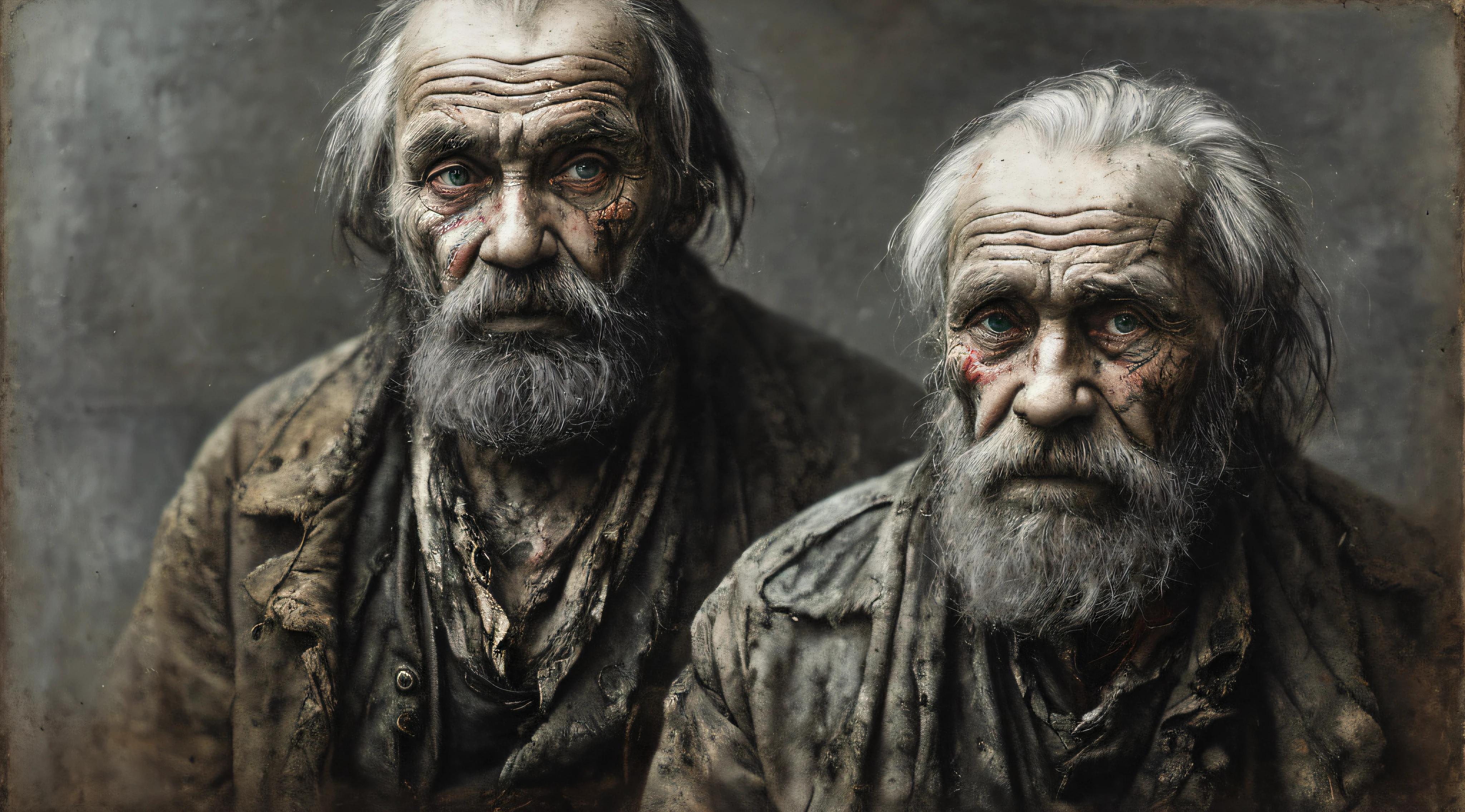 A portrait of poor russian 1800 old worker in rags, ((overwhelming fatigue )), wrinkles of age, concept art, oil pastel painting , moody gray colors , gritty, messy stylestyle of Alexey Savrasov, Ivan Shishkin, Ilya Repin, (cel shaded:1.2), 2d, (oil painting:1.2) highly detailed