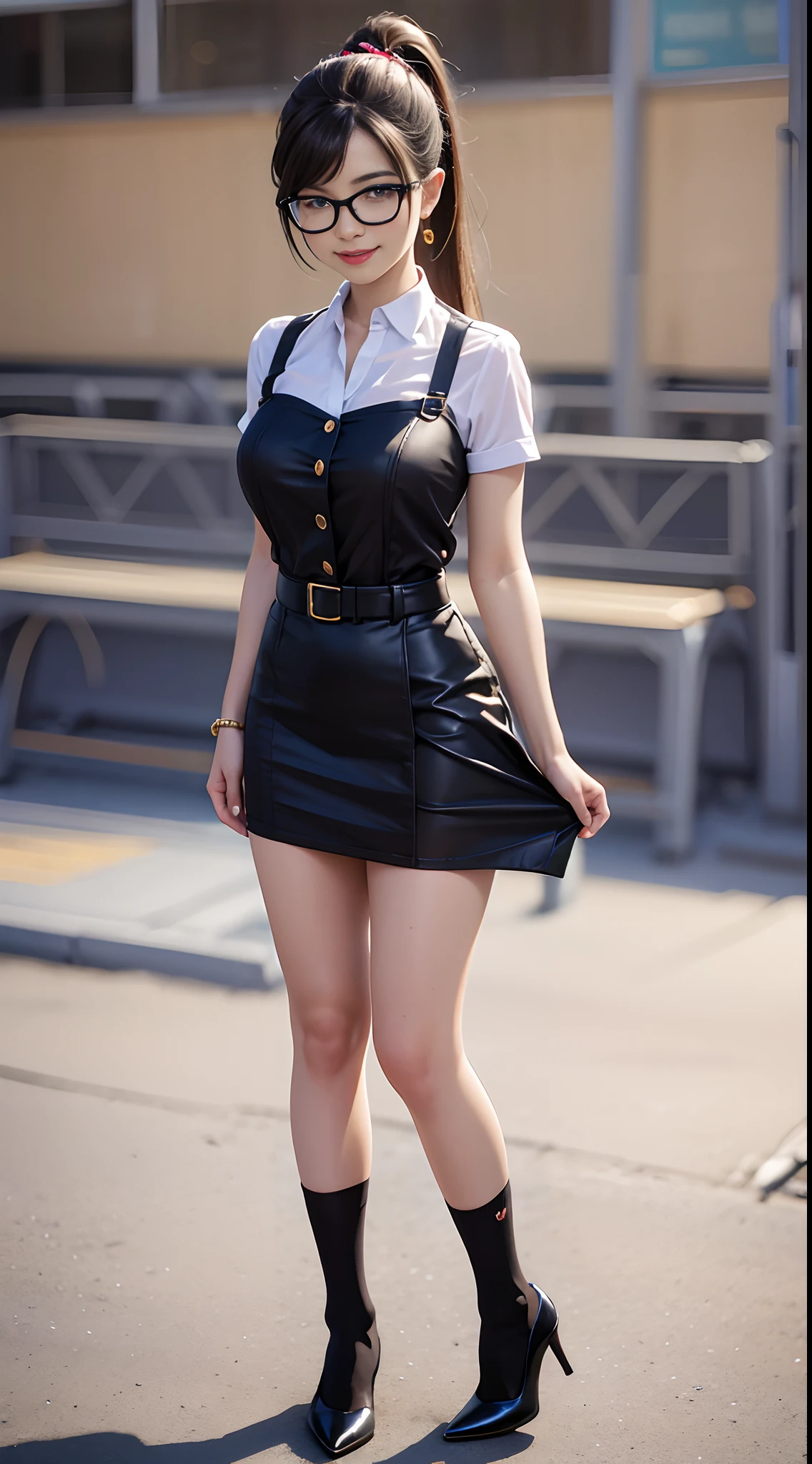 high qulity，quadratic element，Ultra photo realsisim，Elegant and sophisticated teacher in glasses skirt playfully resembles an office lady in a short skirt and black socks，Reveals her broad chest，no brassiere，Long black hair，The shiny and silky ponytail extends to the middle of the back，Smiling with a slight flush of cheeks， extremely detailed eye，extremely detailed legs
