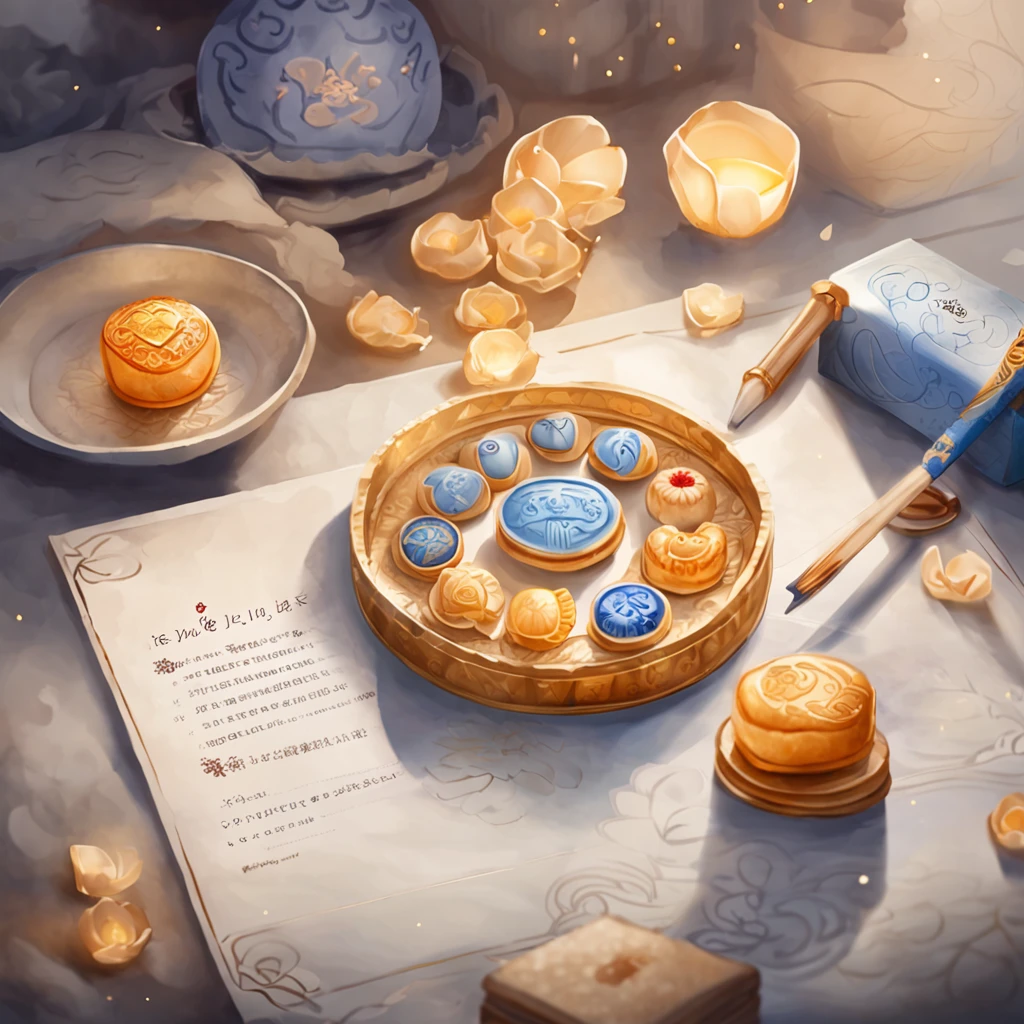 A plate of mooncakes on a round paper tube, A moon in the shape of a letter, Starry night, Thick fog on the ground, Blue light on the horizon, Unreal Engine 5, Cinematic, low angle photography, Motion blur, Depth of field,, Hyper-detailed, Beautiful, insanely details, Intricate details, editorial photography, shot with a 50mm lens, Depth of field, Tilt Blur, Shutter speed 1/1000, f/22. Lightmaps, Super bright