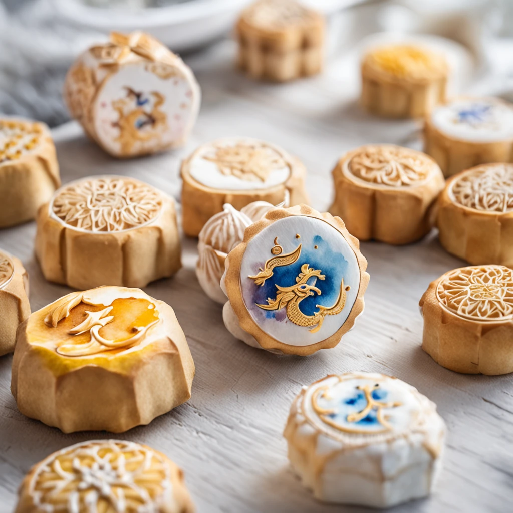 A plate of mooncakes on a round paper tube, A moon in the shape of a letter, Starry night, Thick fog on the ground, Blue light on the horizon, Unreal Engine 5, Cinematic, low angle photography, Motion blur, Depth of field,, Hyper-detailed, Beautiful, insanely details, Intricate details, editorial photography, shot with a 50mm lens, Depth of field, Tilt Blur, Shutter speed 1/1000, f/22. Lightmaps, Super bright