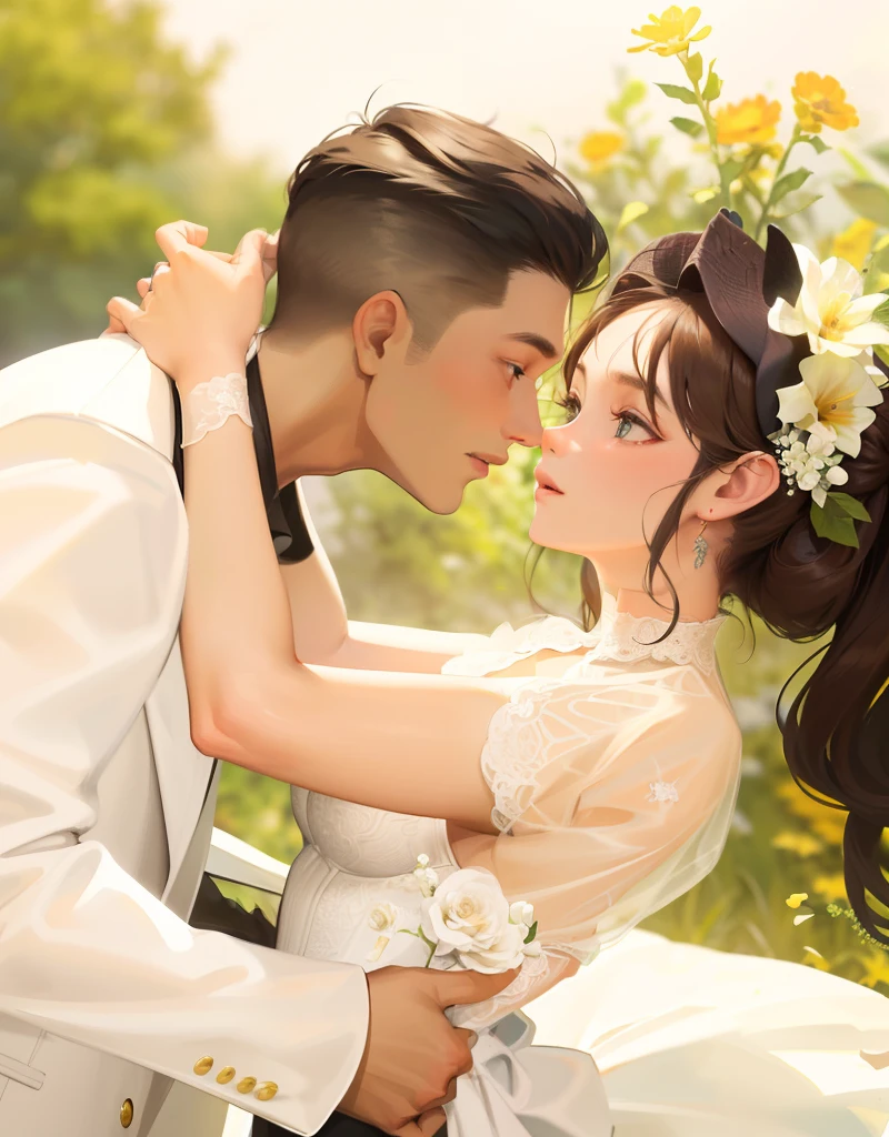 Masterpiece, highest picture quality, a couple, a man and a woman are getting married, men's black suits, women's white wedding dresses, flowers, gorgeous background, handsome boys, beautiful girls, girls show delicate collarbones, girls' breasts are very large, two people look at each other,