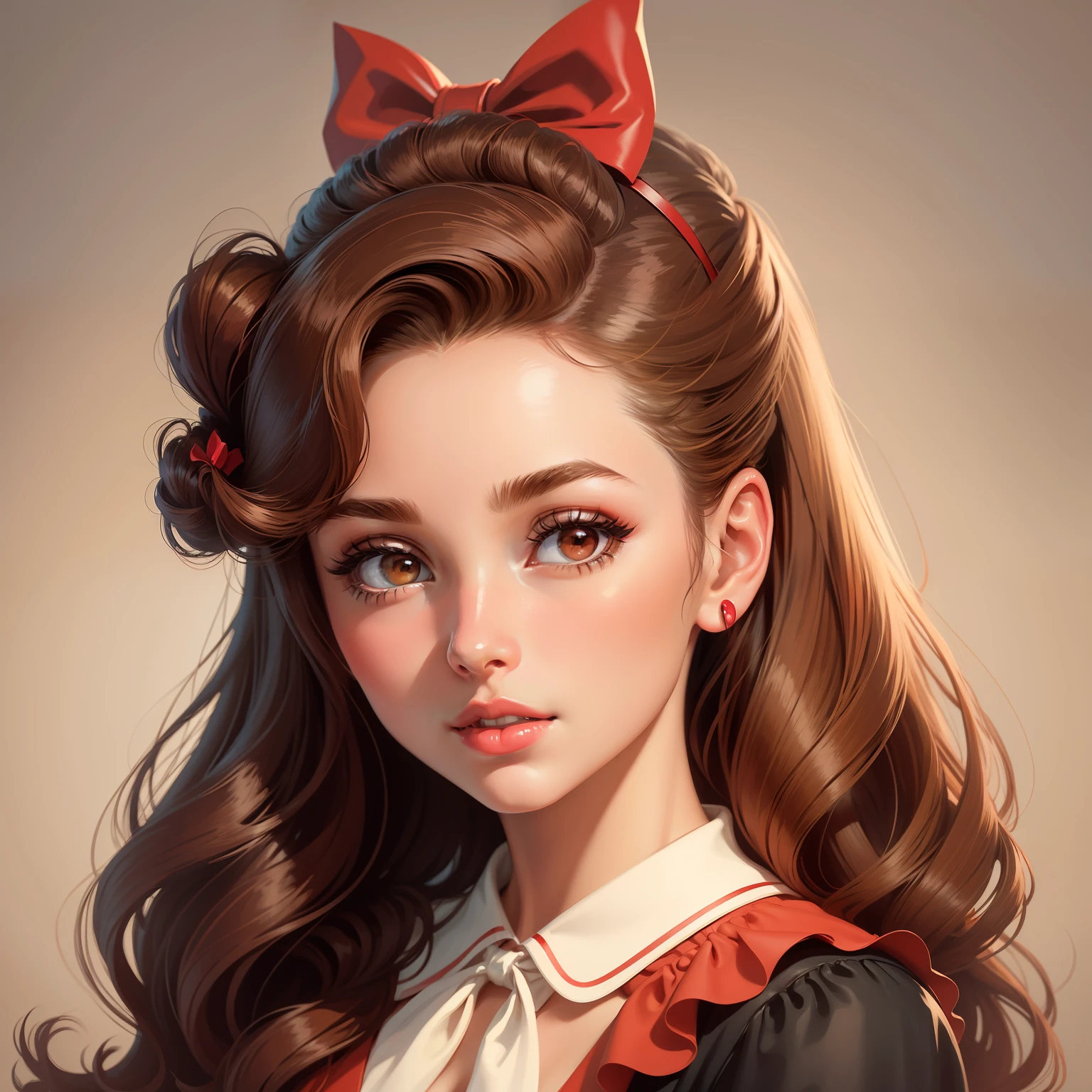 A closeup of a brown-haired woman with a red bow on her head, 1950s illustration style, beautiful retro art, Vector illustration