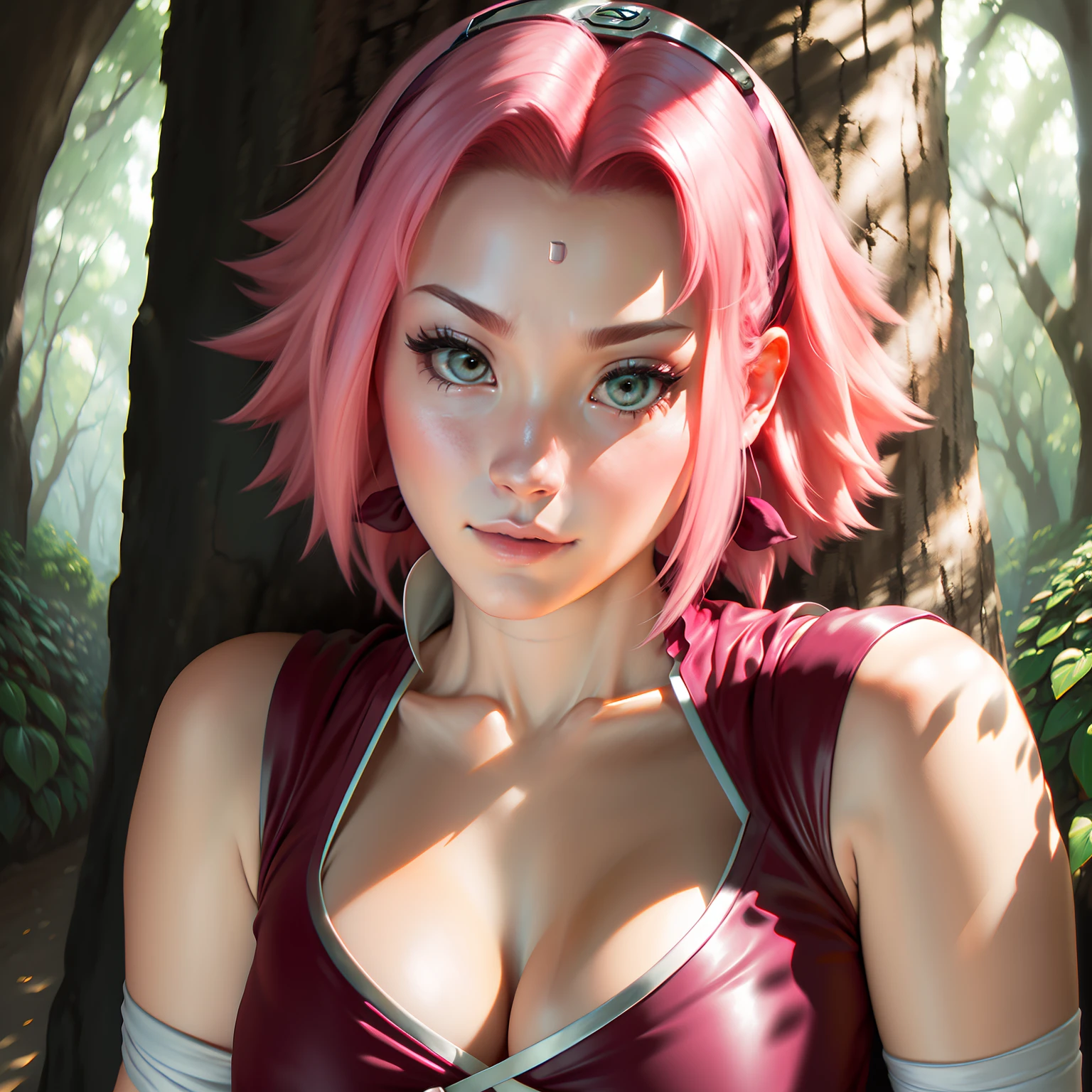Sakura Haruno, Cabelo Rosa, Tecido Fino, Sutileza, roupa branca, seios tamanho medio, fundo arvore, (close up cleavage), (Obra Prima, Reslismo, Melhor qualidade) Cabelo Curto,
