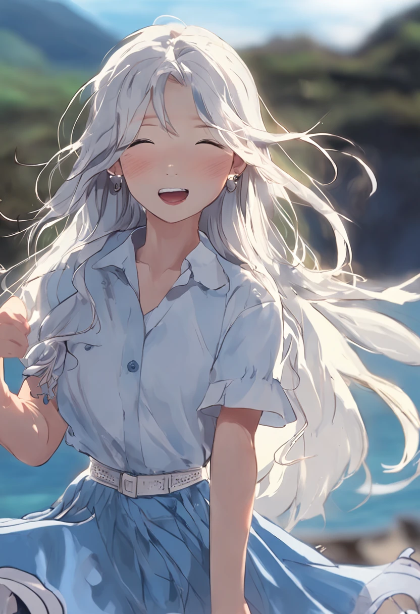 A girl with long hair。long  white hair。Wearing a blue shirt。and white skirts。Have by the sea。There are blue skies and white clouds。laughing very happily。