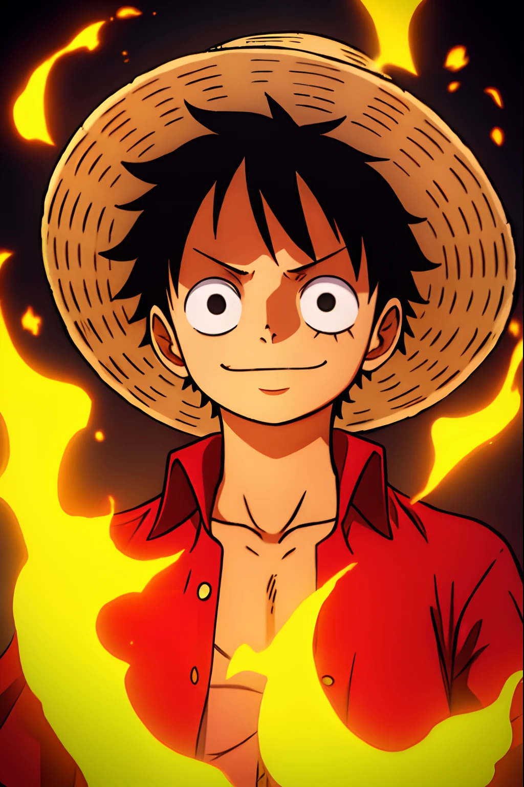 1boy, wanostyle, monkey d luffy, smiling, straw hat, looking at viewer, solo, upper body, ((masterpiece)), (best quality), (extremely detailed), depth of field, sketch, dark intense shadows, sharp focus, soft lighting, hdr, colorful, good composition, fire all around, spectacular, closed shirt, anime screencap, scar under eye, ready to fight, black eyes