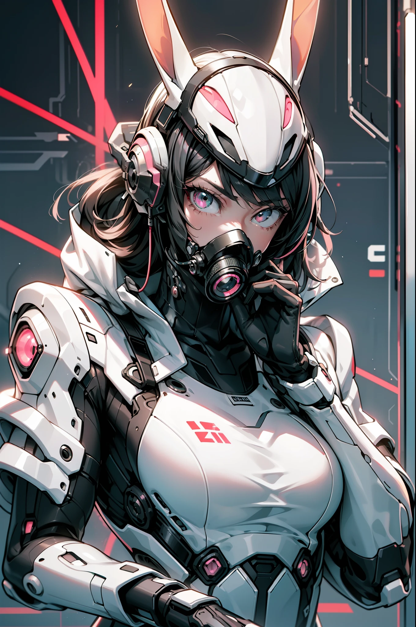 ((best qualtiy)),Cyborg girl in cyborg style,Gray hair,Long ponytail hairstyle,Wear headphones in the shape of rabbit ears and a gas mask,The gas mask has a green light on the surface,Dressed in a white suit,There are long pink bands of light on the clothes,Pink eyes,(black glove),The left hand is a mechanical prosthesis,The main body is connected by wires and pipes, ((tmasterpiece)), (the detail:1.4), 。.3D, A beautiful cyberpunk female image,hdr(HighDynamicRange),Ray traching,NVIDIA RTX,Hyper-Resolution,Unreal 5,Subsurface scattering、PBR Texture、post-proces、Anisotropy Filtering、depth of fields、maximum definition and sharpness、Many-Layer Textures、Albedo e mapas Speculares、Surface coloring、Accurate simulation of light-material interactions、perfectly proportions、rendering by octane、Two-colored light、largeaperture、Low ISO、White balance、the rule of thirds、8K raw data、