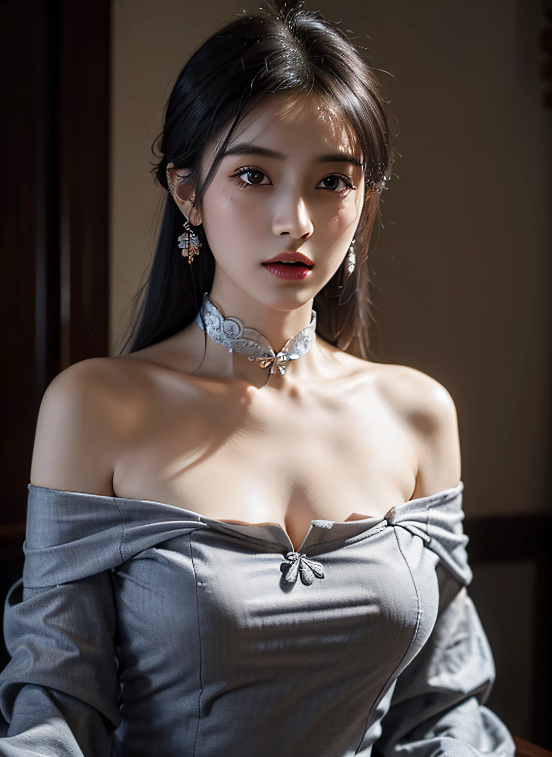 best quality, masterpiece, ultra high res, (photorealistic:1.4), 1girl, off-shoulder shirt, ((traditional chinese dress:1)), black choker, (faded ash gray hair:1), (huge breasts:1.2), looking at viewer, closeup,