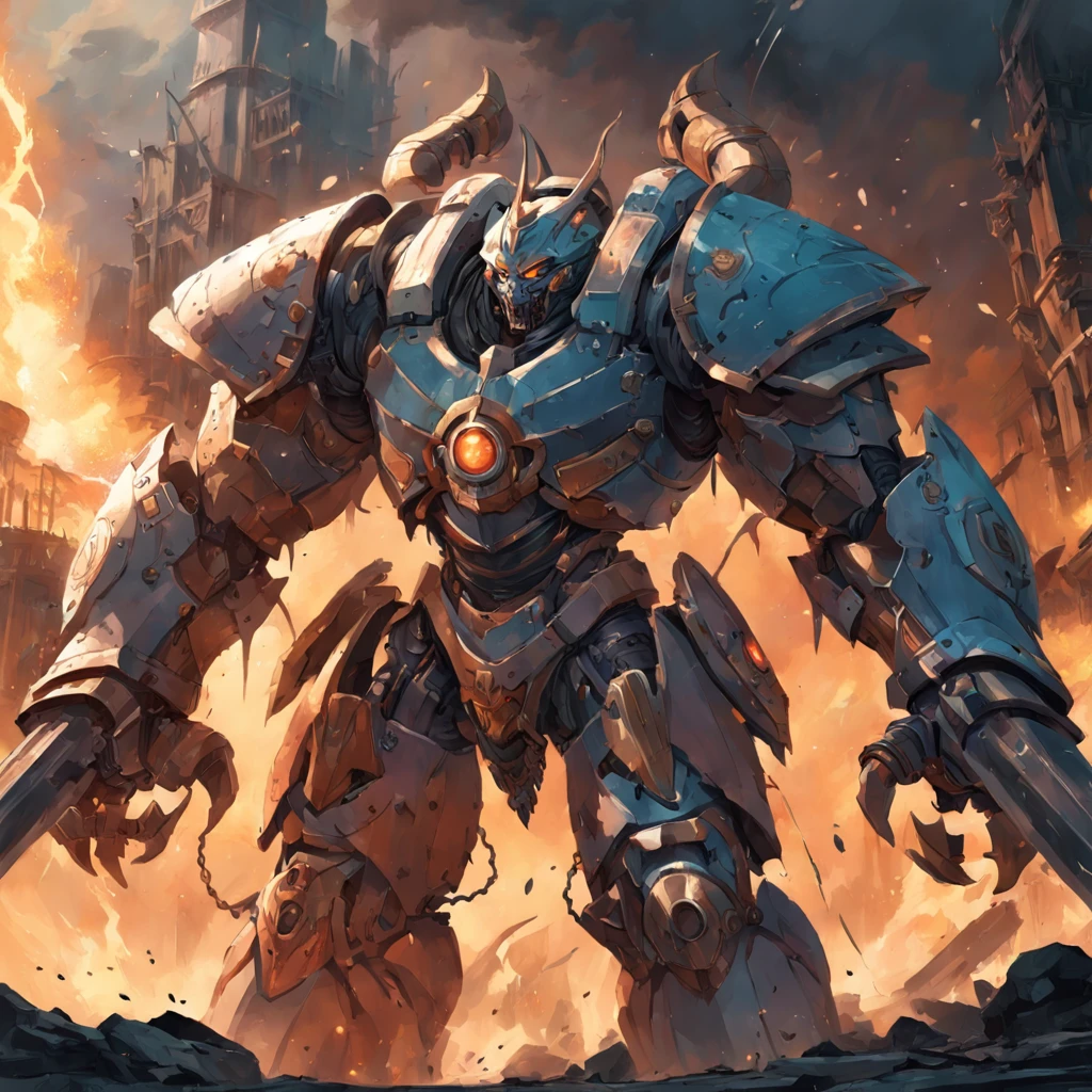 Titan, Destroyer of armies. From it radiates a sense of fear, hopeless for anyone to look at, below them were 7 Juggernauts smeared with mucus on each of their muscular muscle masses, They used the body of a royal soldier as a weapon, Some of them limped with unusually large weapon bars. Taitian machines used to be a glorious history, is a symbol of strength, a royal punch to a clique of traitors. And now they're just an outer cover for the corruption-controlled Titano-hives. More terrible when they are equipped with new melee weapons such as electric chains, Thunder hammer, Fire mace. They headed towards Ravlenheim Palace, They do what they do best – slaughter and destruction. In just a moment, An entire large neighborhood was left with only a ruined ruin, Like 1 dead land. No need to contact or ask for help, The little commander understood that these machines would not be able to be held back by the energy shield surrounding the palace. Facing what was in front of him now for him or anyone else present at this moment was no way back. There is only one action left that can be taken now, He shouted boldly. masterpiece, steampunk, ultra high res,(photorealistic:1.4) , sharp focus, depth of field. neutral colors:1.2), (hdr:1.4), (muted colors:1.2), hyperdetailed, (artstation:1.4), cinematic, warm lights, dramatic light, (intricate details:1.1), complex background, (rutkowski:0.66), (teal and orange:0.4)",soft glow, magic splatter, (Tyler jacobson:1.4) fantasy style, clean art, shaded flat illustration, digital art, misty rain, misty weather. steampunk battle city background, monster in a battlefield of blood and fire.