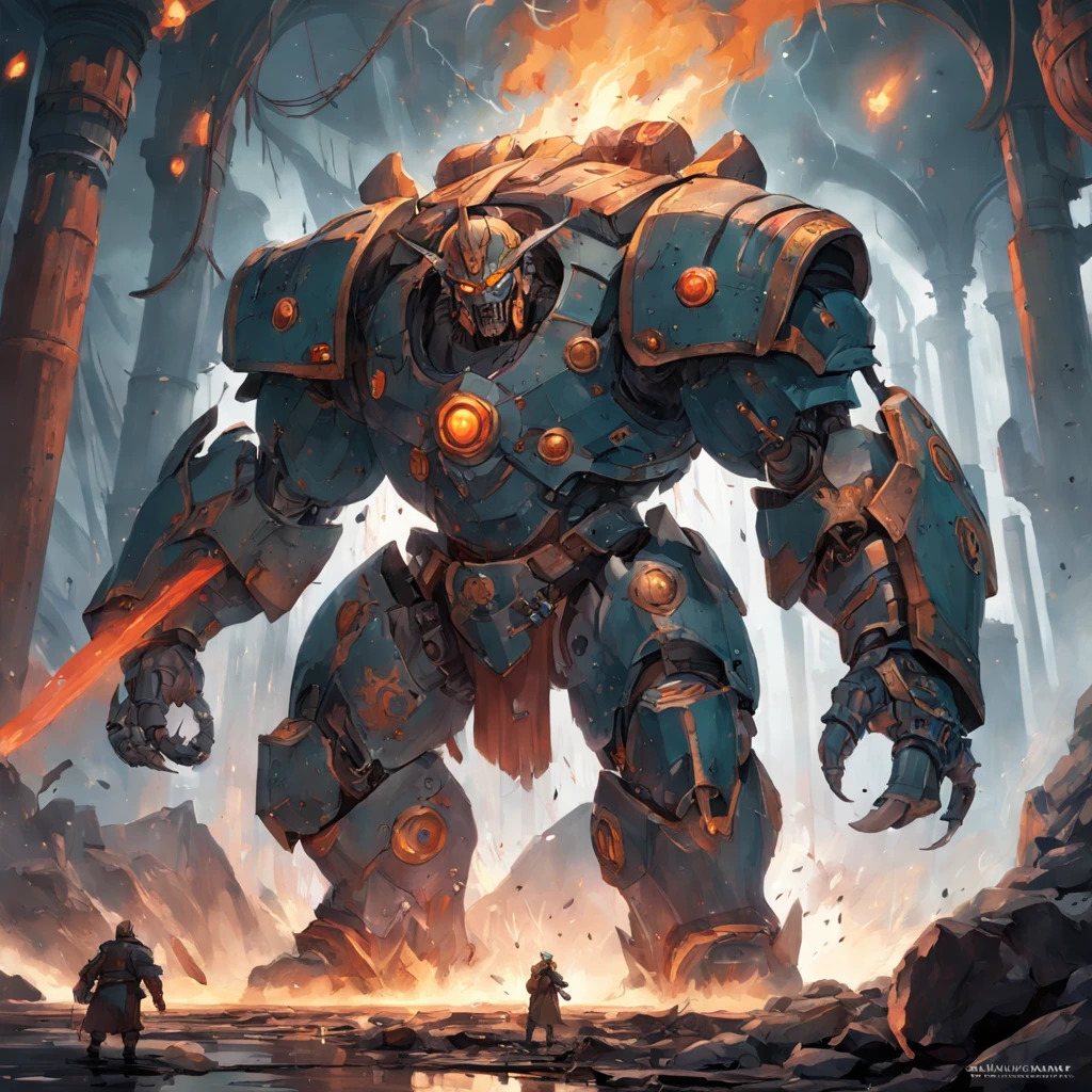 Titan, Destroyer of armies. From it radiates a sense of fear, hopeless for anyone to look at, below them were 7 Juggernauts smeared with mucus on each of their muscular muscle masses, They used the body of a royal soldier as a weapon, Some of them limped with unusually large weapon bars. Taitian machines used to be a glorious history, is a symbol of strength, a royal punch to a clique of traitors. And now they're just an outer cover for the corruption-controlled Titano-hives. More terrible when they are equipped with new melee weapons such as electric chains, Thunder hammer, Fire mace. They headed towards Ravlenheim Palace, They do what they do best – slaughter and destruction. In just a moment, An entire large neighborhood was left with only a ruined ruin, Like 1 dead land. No need to contact or ask for help, The little commander understood that these machines would not be able to be held back by the energy shield surrounding the palace. Facing what was in front of him now for him or anyone else present at this moment was no way back. There is only one action left that can be taken now, He shouted boldly.  masterpiece, steampunk, ultra high res,(photorealistic:1.4) , sharp focus, depth of field. neutral colors:1.2), (hdr:1.4), (muted colors:1.2), hyperdetailed, (artstation:1.4), cinematic, warm lights, dramatic light, (intricate details:1.1), complex background, (rutkowski:0.66), (teal and orange:0.4)",soft glow, magic splatter, (Tyler jacobson:1.4) fantasy style, clean art, shaded flat illustration, digital art, misty rain, misty weather. steampunk battle city background, monster in a battlefield of blood and fire.