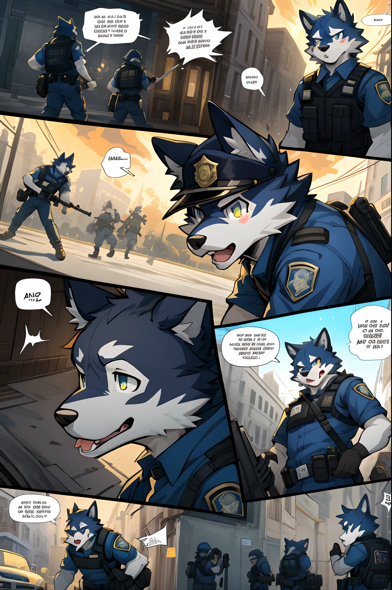 top quality, best quality, highres, masterpiece, super high resolution, detailed background, street, gasping for air(super handsome boys, dog)police officer, swat, police uniform, 6+boys, 6+girls, absurdres(highly detailed beautiful face and eyes)perfect anatomy, good lighting, cinematic shadow(kemono, furry anthro)assorted expressions, assorted poses, assorted angles, full body, upper shot, dynamic angle(boys comic-like panel layouts, speech balloon, English text, Hand-drawn sound effects stickers used in battle comic),