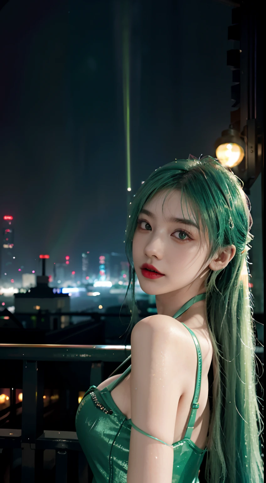 miku hatsune,steampunc, Green hair,, Color flakes, , parted lip, Red lipstick、moon full,Cool、Night、neonlight、future、Painting、Illuminated、closeup cleavage、Detailed light、The backlight glows。Rainy night in cyberpunk city，Flashing neon。double tails、