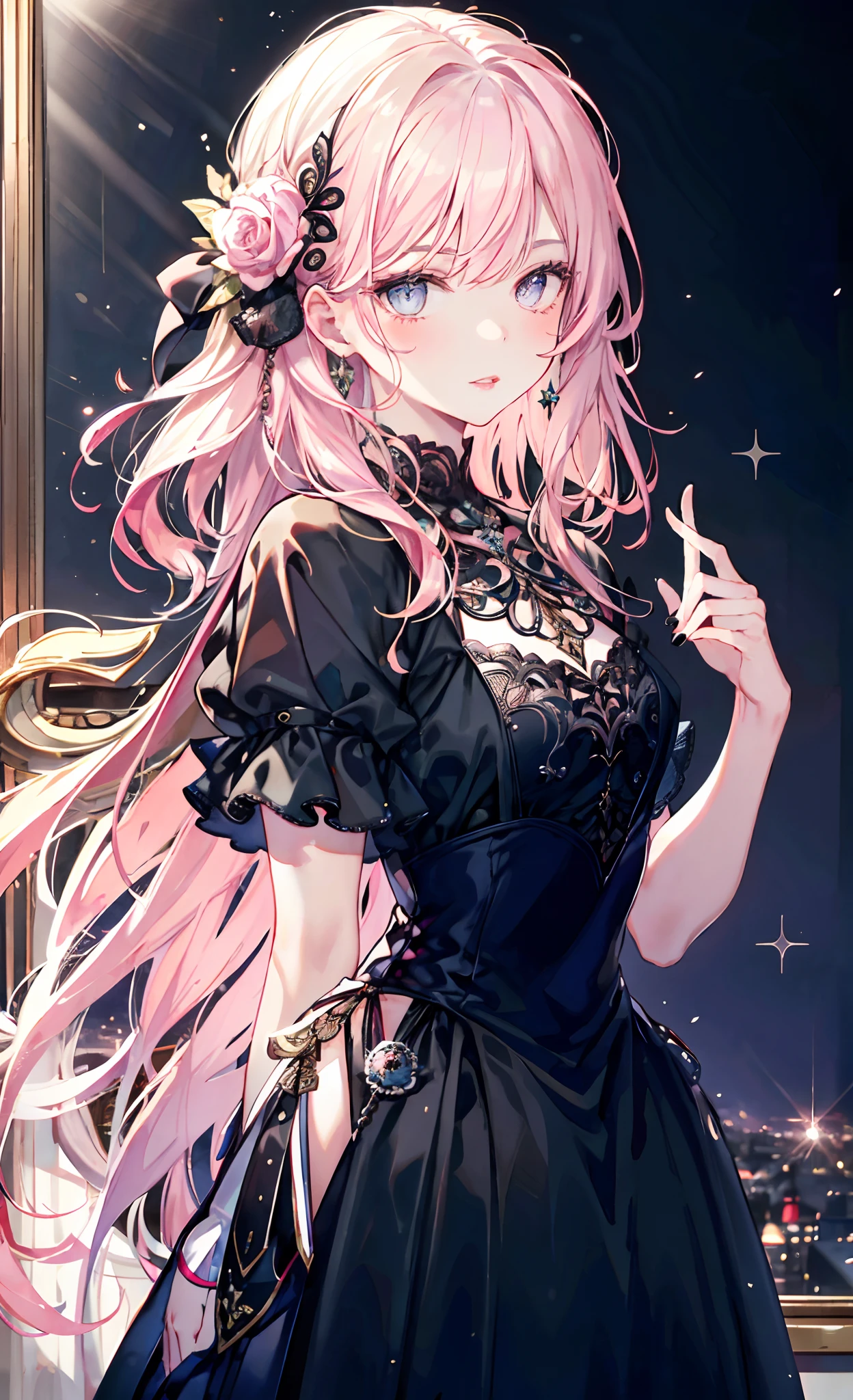 meticulous portrayal of face,1 noblewoman,a matural female,Black dress long dress,(Pink White Long Hair),(dark night background+),Prom,Court etiquette, s the perfect face, perfect hand, Perfect Finger, Perfect lips, perfect eyes, Perfect background