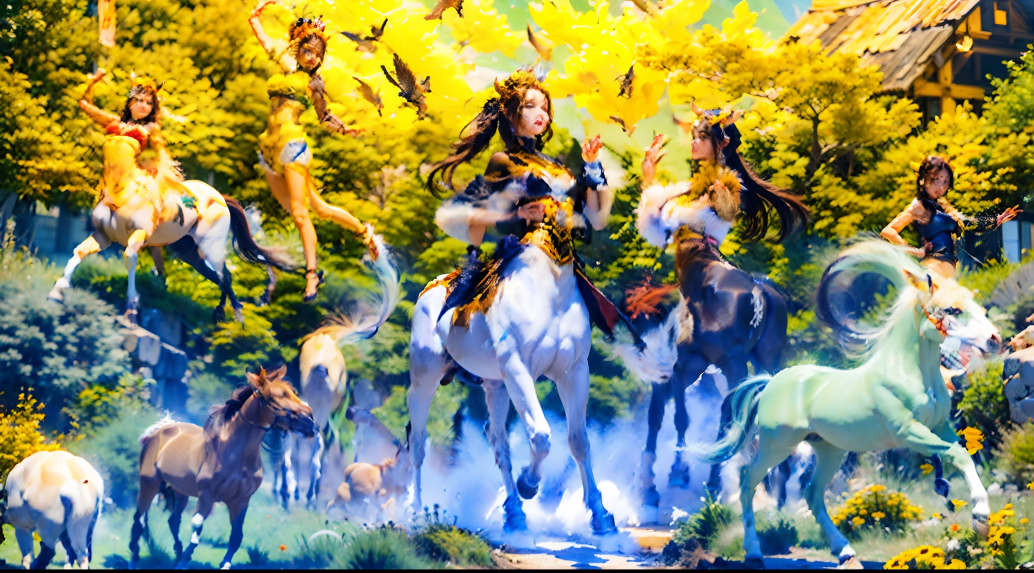 In the beautiful illustration of this super-grand scene，The ultra-distant shot shows eight unique centaur characters，They all have their own characteristics，Vivid and interesting。Radiant angelic centaurs from the heavenly realm，To the hellish centaurs surrounded by nightmarish flames，And then to the Wind Immortal Centaur dancing in the air，There are also one-horned centaurs surrounded by thunder and lightning，and mechanical centaurs that shine with metallic light，And then to the powerful dragon centaur with colored dragon scales covering the whole body，The elegant and agile elf centaur always wears a flower crown with its slender and graceful lines，Enchanting and charming Tiflin centaurs。Each character has their own unique charms and abilities。The illustration uses advanced artistic techniques and tools，Divide the scene into sections by geometric arrangement，Each section corresponds to a centaur character，This makes more efficient use of space。Through Midjourney's advanced brush tools、Color palette、Material packs and model packs，Exquisite costumes and equipment are designed for each centaur，Enhances the character's personality and visual appeal。The scenery in the illustrations is stunning，There are changing skies、rainbowing、extreme light、Stars and Moon。Incorporating iconic landmarks such as Mount Everest，and fireworks、tranquil lake、Natural and urban elements of waves and neon lights，Creates a magical atmosphere。The centaurs showed off their skills and equipment in a variety of environments，This is true even in extreme alien landscapes。Midjourney's tools make depicting details vivid and realistic，From intricate hairstyles and clothing to authentic textures，Enhances the realism of the characters and surroundings。The fusion of multiple art styles adds movement to the centaur's movement at all angles，The overall visual experience is further enriched。The final illustration was described as a "masterpiece"，It has the characteristics of "best quality" and "realistic"，The d