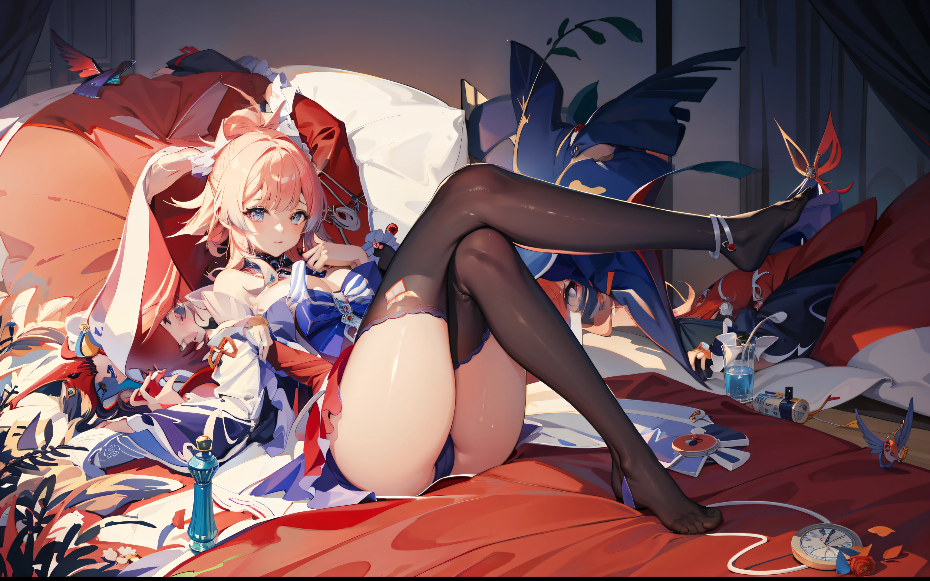 Anime girl lying on bed in red dress,Holding a blue umbrella, seductive anime girls, at pixiv, Pisif, Pisif 3DCG, Highest rated on Pisif, trending on cgstation, author:Shitao, Digital art on Pisif , sakura haruno, Popular on Pixiv, relaxed poses, trending on artstation pixiv