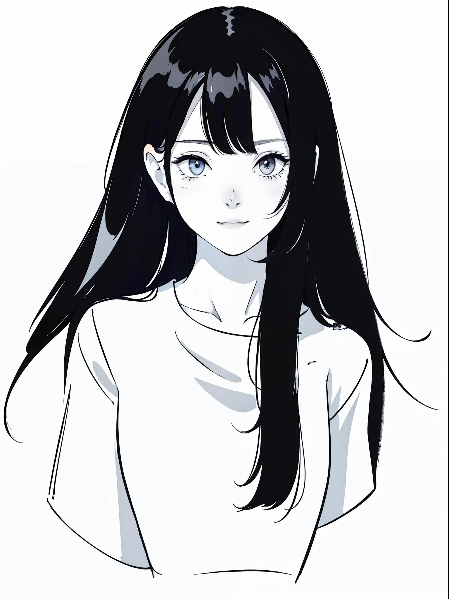 anime girl with long black hair and a white shirt,((black and white portrait)),black and white picture,Smile,minimalist painting,Simple strokes,messy hair,Shy,Pure white shirt,Heavy makeup,Headshot,Put lipstick on one's mouth,Side Body