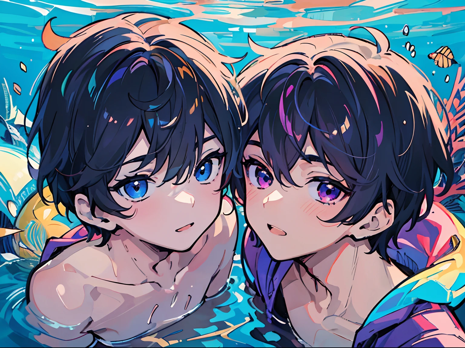 2 cute thin handsome boys  and 14Shirtless hugging in the water