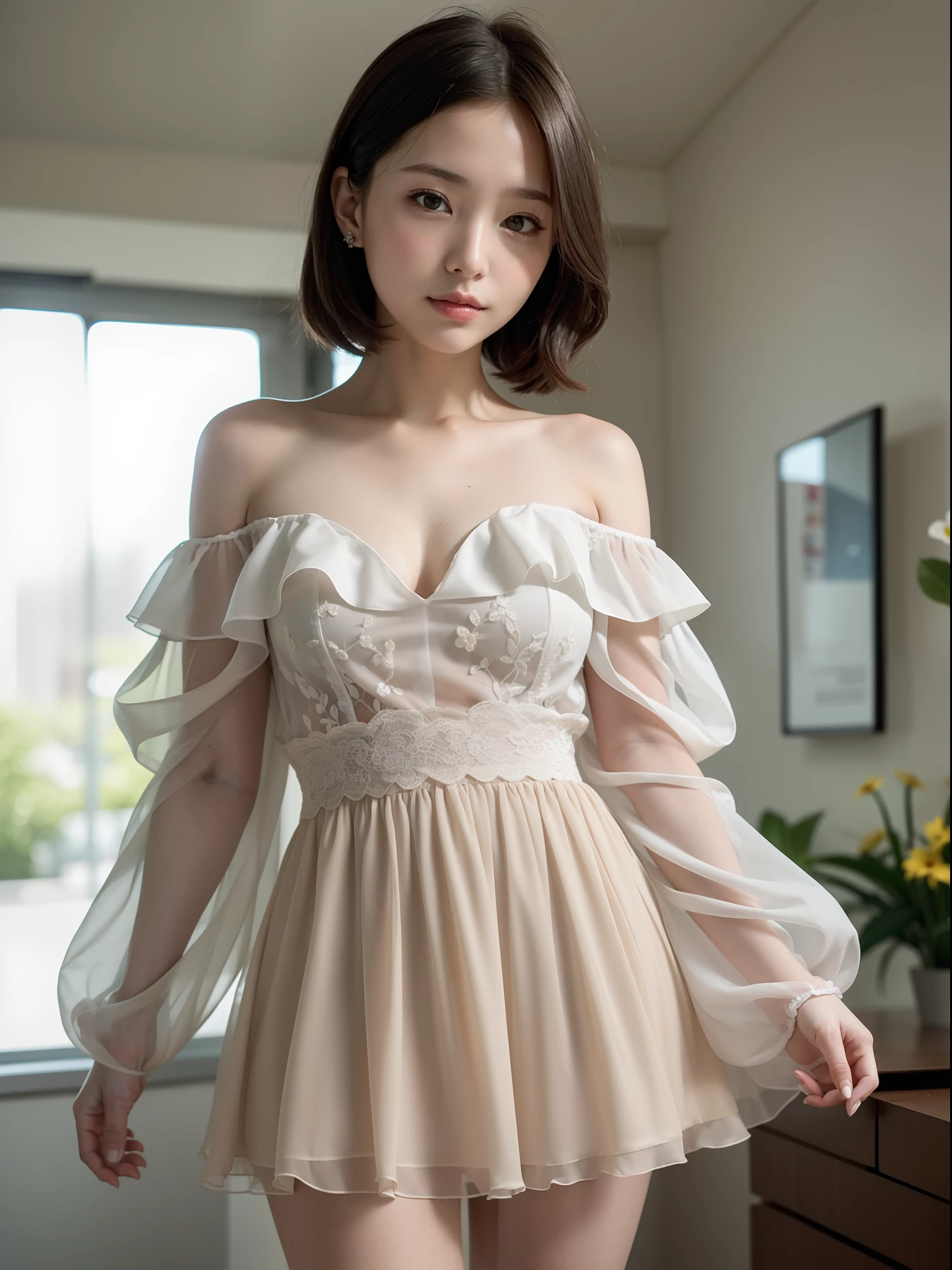 ((of the highest quality, 8K, masutepiece: 1.3, Raw photo)), Sharp Focus: 1.2, (1 AESPA Girl :1.1), Solo, (Realistic, Photorealistic: 1.37), (Face Focus: 1.1), Cute face, hyperdetailed face, Small breasts, flat chest, Short messy hair, Small Smile, nude, (Off-the-shoulder chiffon dress, skirt: 1.3), office, look back, flower, iris