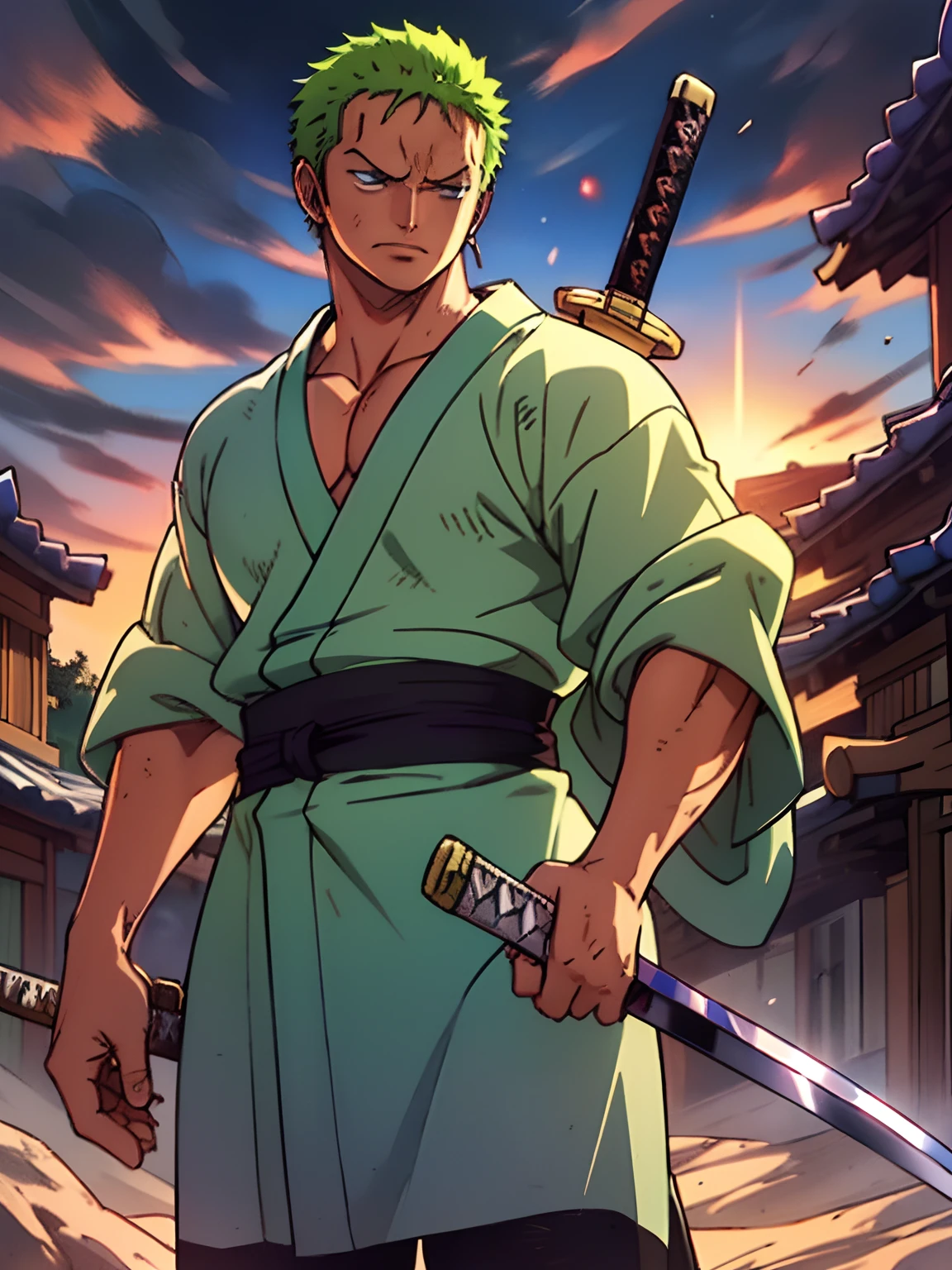 Roronoa Zoro (Masterpiece, 4k resolution, ultra-realistic, very detailed), (Theme of white samurai, charismatic, there is a swordsman next to a Japanese "isakaya" bar, wearing a blue kimono with cloud details on the "obi" track, he is commander of the first division of the leader of the mugiwara band, work "One Piece"), [ ((19 years), (short green hair:1.2),  full body, (blue eyes:1.2), ((Roronoa Zoro's pose), show of strength, unsheathing with one hand his katanas enma), ((Japanese rural environment):0.8)| (rural landscape, at dusk, dynamic lights), (blinded sun)), 1 katana]. # Explanation: Prompt mainly describes a 4k painting of ultra-high definition, very realistic, very detailed. It shows a swordsman, master of the Santoryu style of katanas, wearing a blue kimono with cloud details at the waist band. The subject in the painting is a subject of a white swordsman, holding with one hand his black katana enma, the male protagonist has short green hair, is 19 years old and his entire defined body is shown in the painting, with characteristics of pumped endomorph.