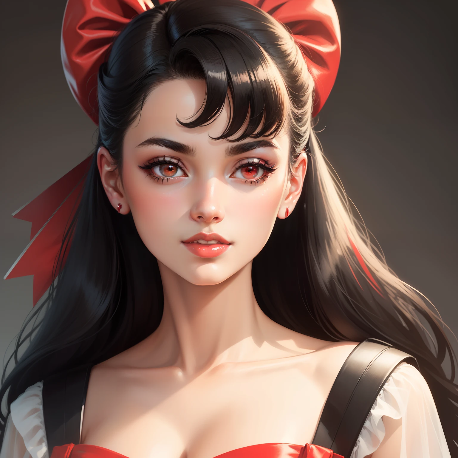 A closeup of a black-haired woman with a red bow on her head, 1950s illustration style, beautiful retro art, vector illustration