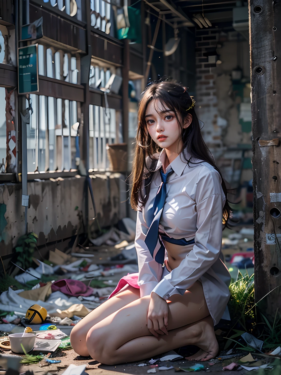 Highest image quality，best qualtiy，tmasterpiece，Abandoned school buildings，Garbage all over the ground 1.1，Dirty 1.1，18-year-old Korean beautiful girl，full-body portraits，Sexy standing pose，very beautiful long slim legs，The barefoot，NSFW，Smaller bust，As thin as a whipping post，Skinny，Random exposure of the body1.1，Random exposure of the breasts1.1，Random exposure of genitals，face to the viewer