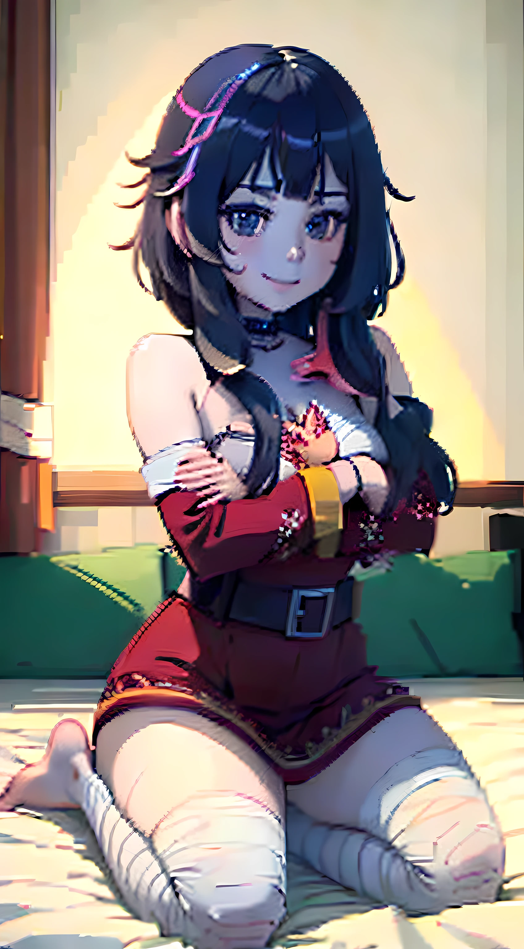 (bedroom, white bed) , megumin, 1girl, solo , flat_chest, smile,, barefoot,solo, ((arms at sides)), sitting, (best quality), ((masterpiece)), (highres), original, extremely detailed wallpaper,shiny, chromatic aberration abuse, detailed background, vivid color, (highly ultra detailed face and hair and skin and eyes and finger and cloth and background and hair:1.2)