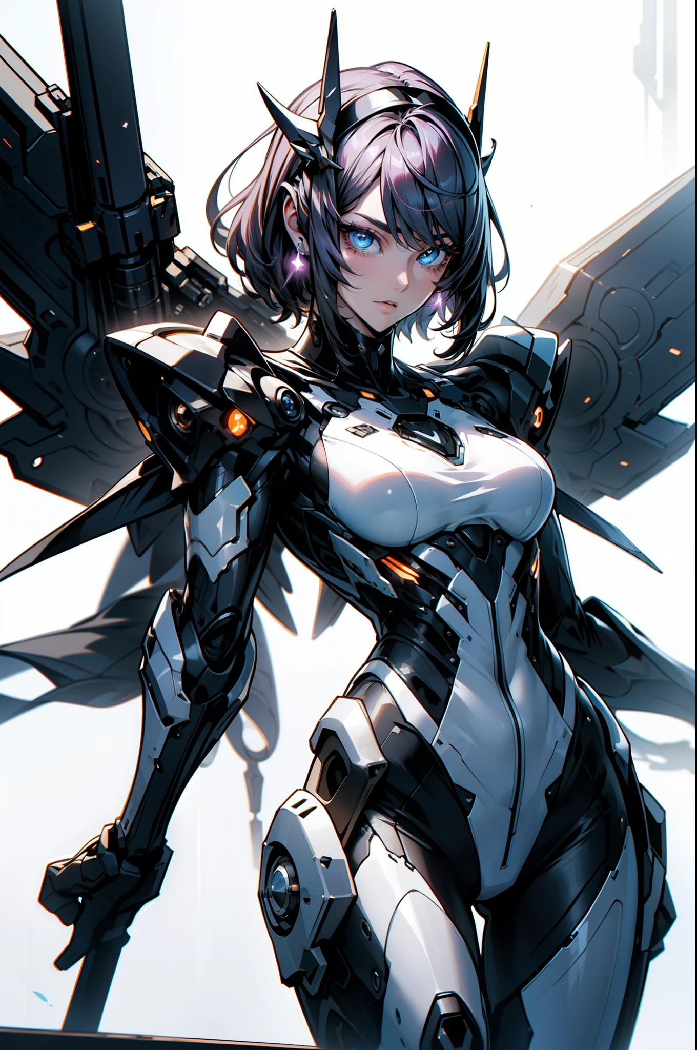 top-quality、tmasterpiece、超A high resolution、(Photorealsitic:1.4)、RAW photo、Battle Robot Angel、Large wing made of metal、White porcelain body、Acrylic transparent cover、whaite hair、glowy skin、1 Cyborg Girl、((Super realistic details))、porate、globalillumination、black shadows、octan render、8K、ultrasharp、Character edge light,Colossal tits、Raw skin is exposed in cleavage、Details of complex ornaments、Greek details、Hydraulic cylinder、small led lights、highly intricate detail、Realistic light、a purple eye、Radiant eyes、Facing the camera、neon light detail、cow boy shot、Futuristic headgear、Floor plan about the《cyber punk perssonage》、、Hyper-realismHyper-realismHyper-realism