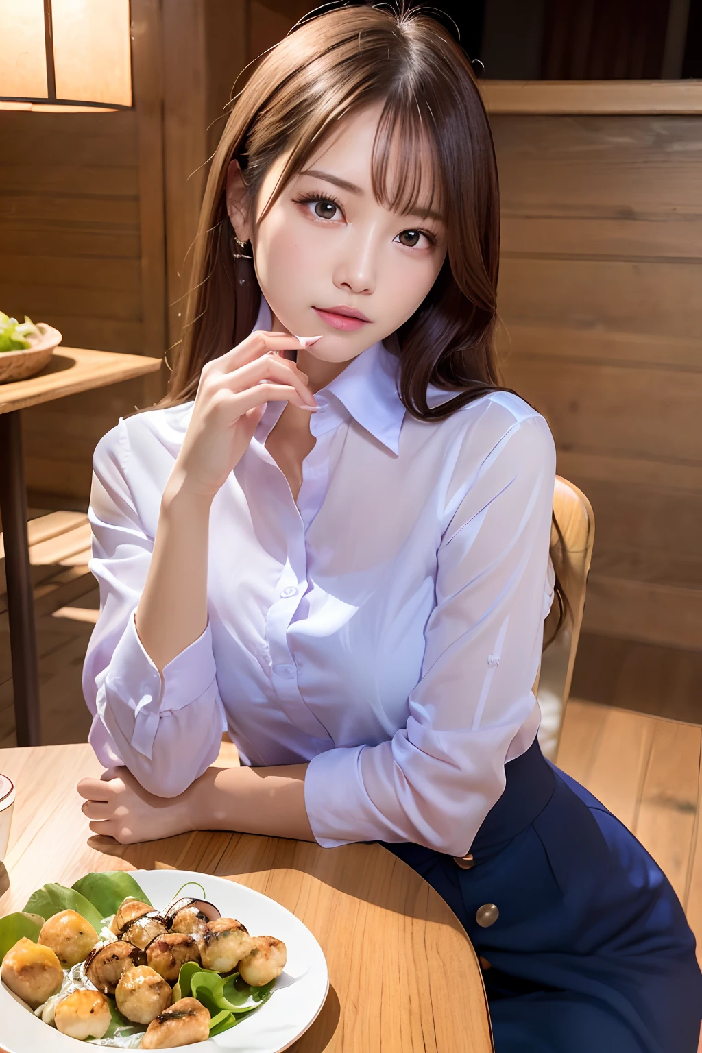((masterpiece)), ((highest quality)), (Super detailed), ((very detailed)), 4k, (8K), highest quality, alone,white room、Kind Face、soft light、portrait photography、chiffon blouse、from the waist up、Coloring a manual at my desk、nail、Nail polish bottle、nailの筆:2